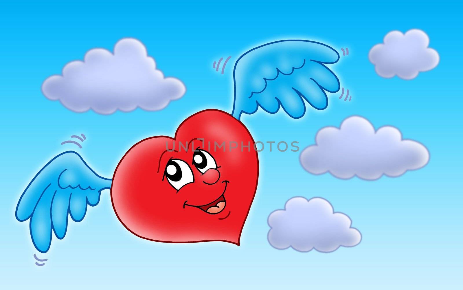 Flying heart on blue sky - color illustration.