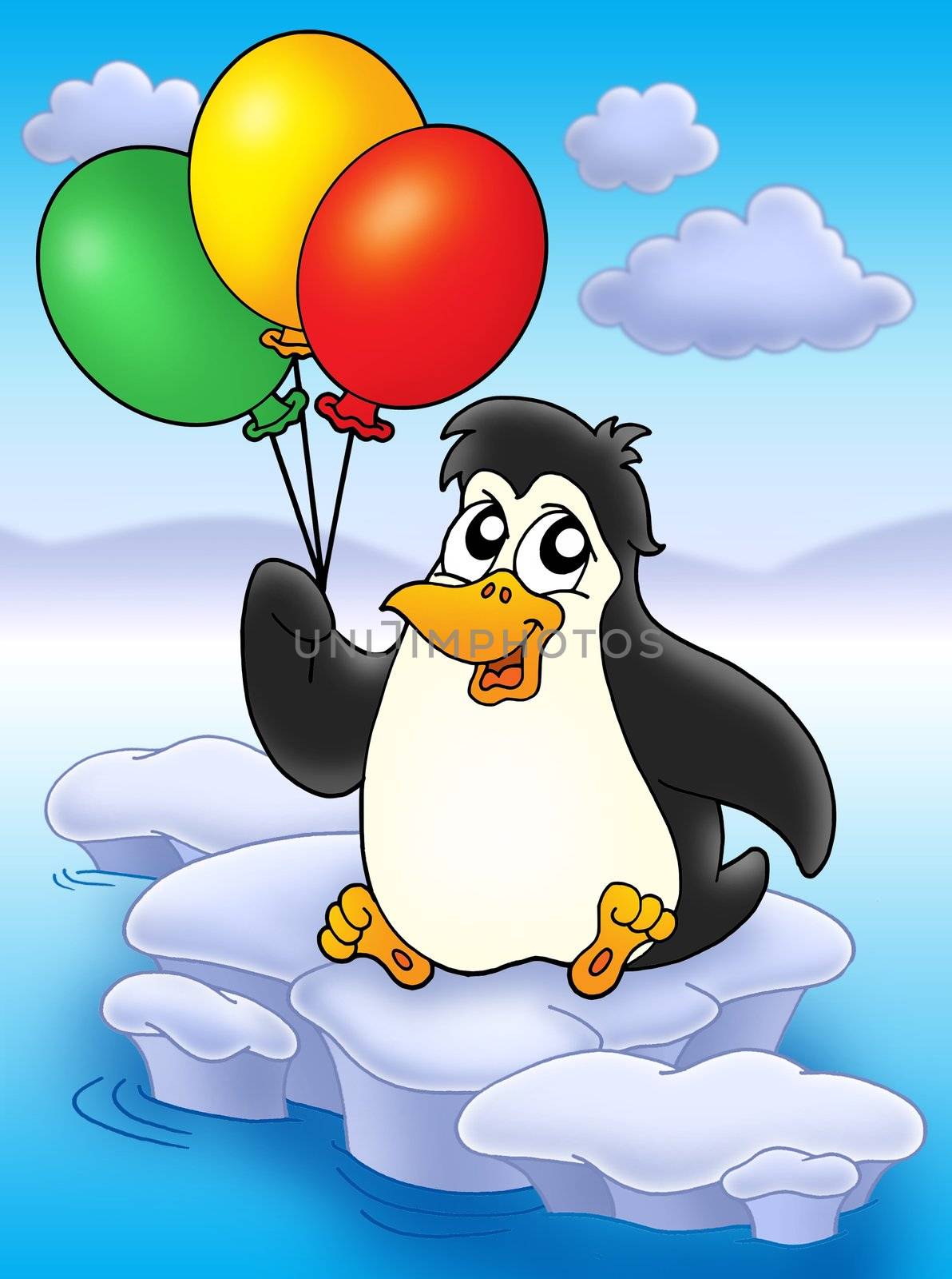 Penguin with balloons on iceberg - color illustration.