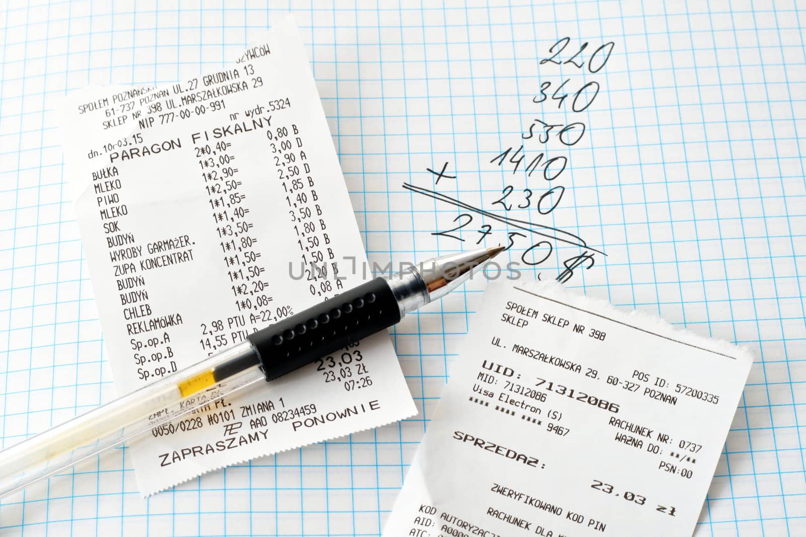 Shopping bills and calculations on a white paper
