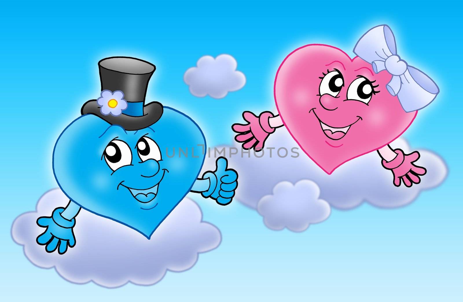 Two wedding hearts on sky - color illustration.