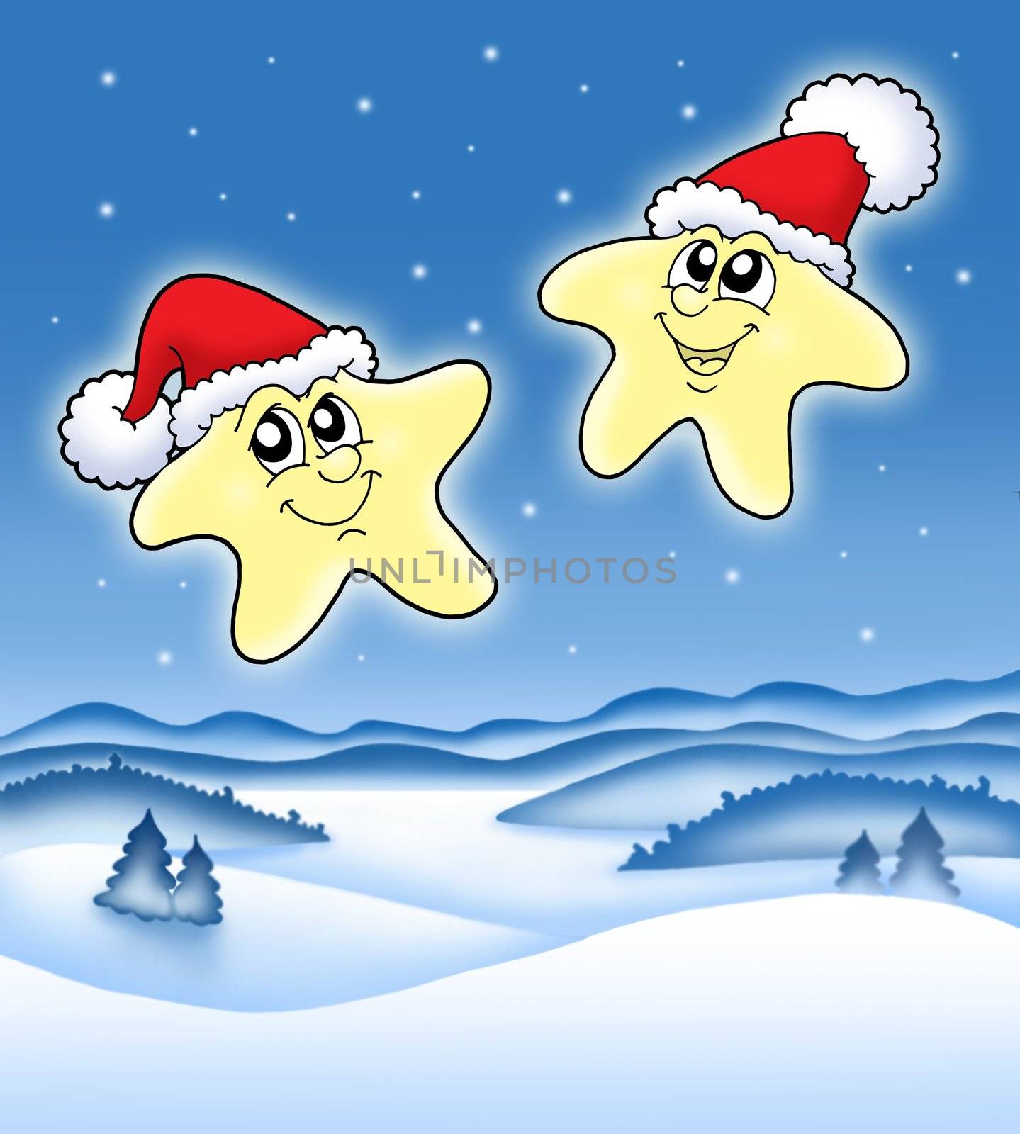 Christmas stars on starry sky - color illustration.