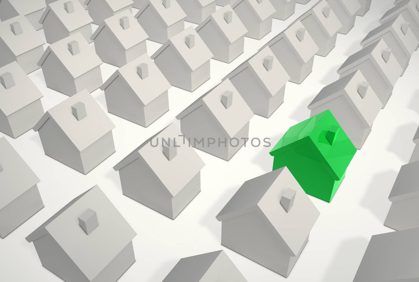 visualize difference and environmental involvement - green house among uniform white ones