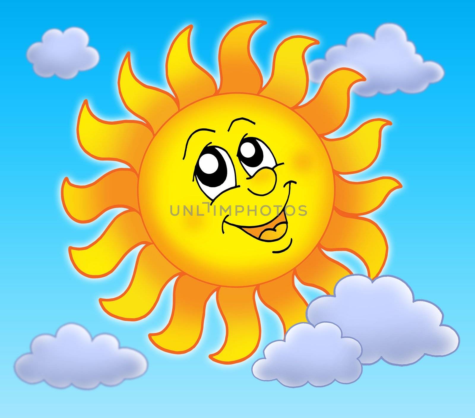 Smiling Sun on blue sky - color illustration.