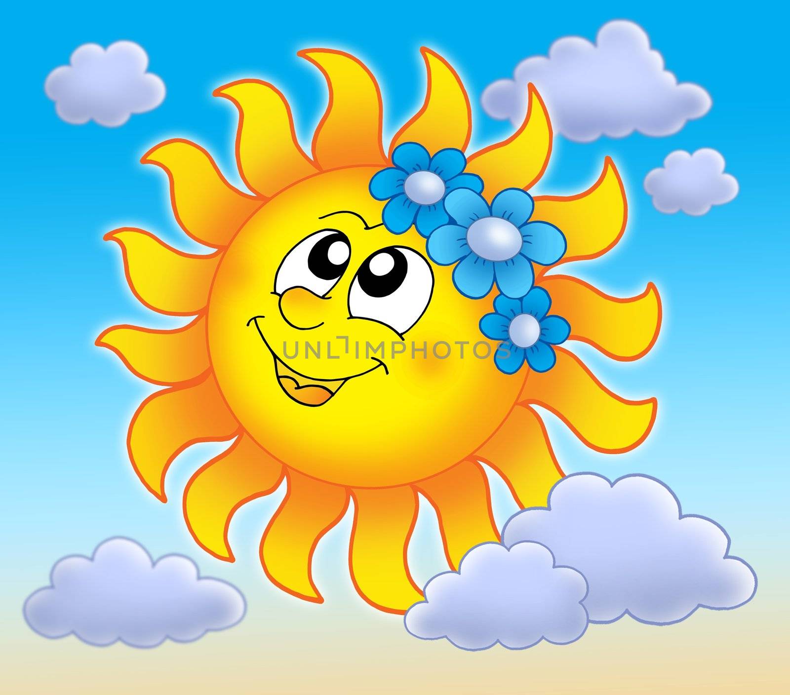 Smiling Sun with flowers on blue sky - color illustration.