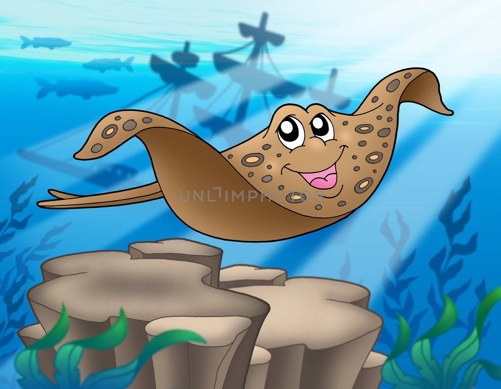Eagle ray with shipwreck - color illustration.