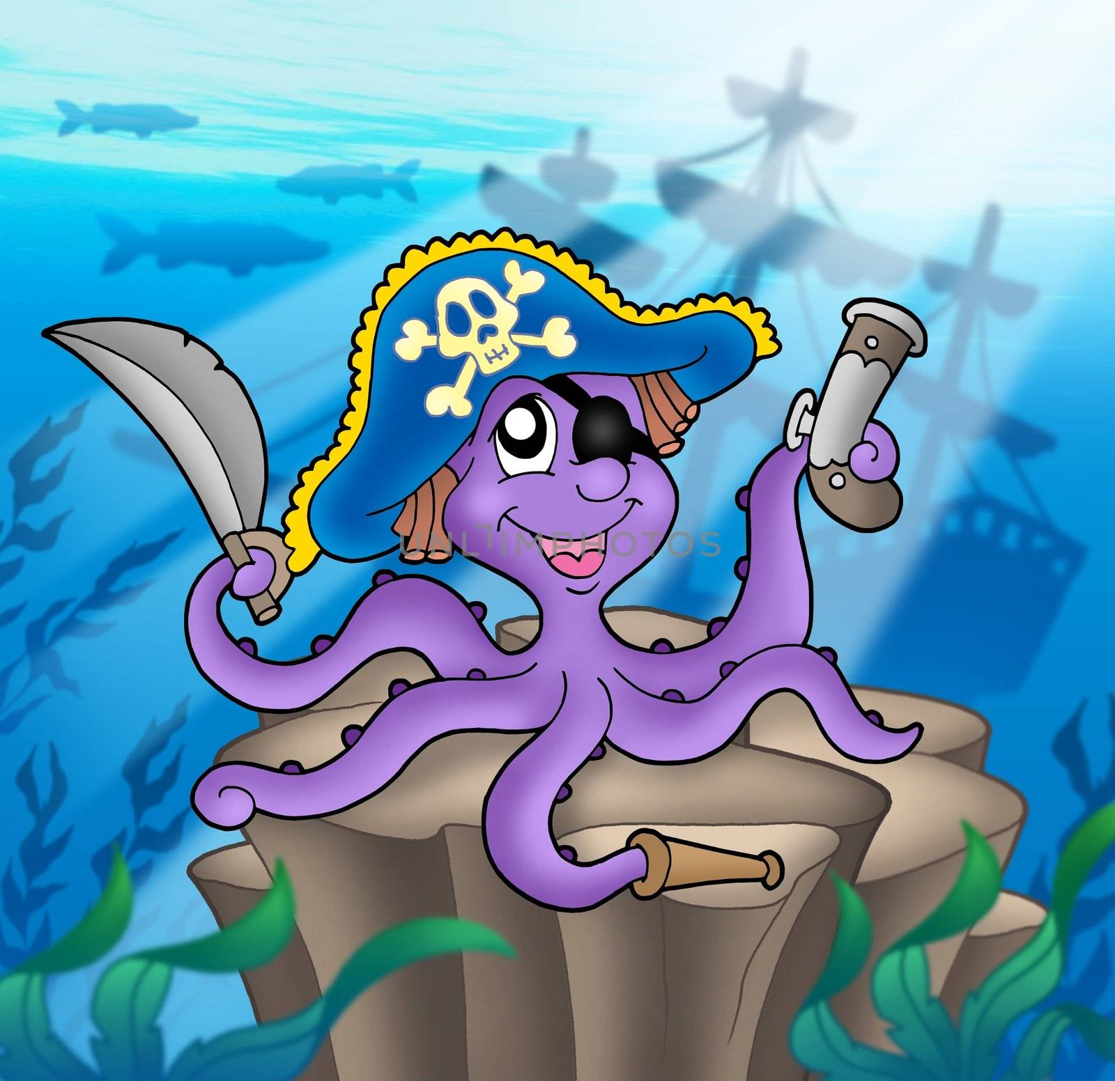 Pirate octopus with shipwreck by clairev