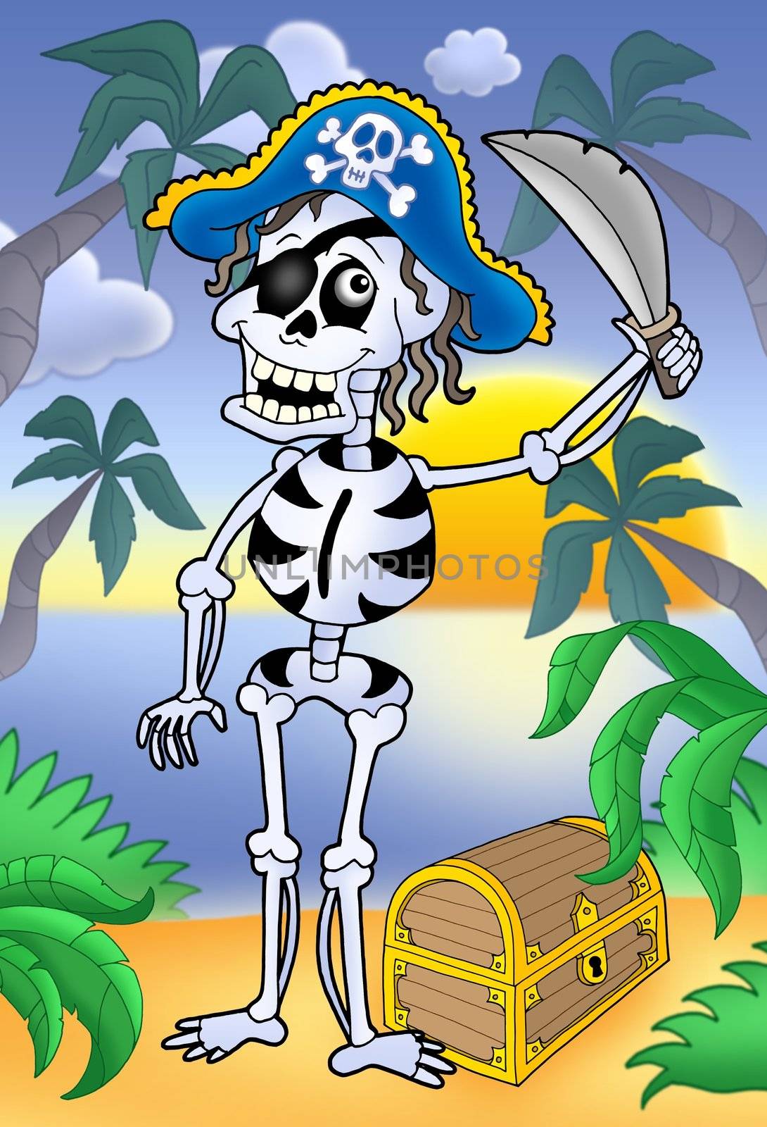 Pirate skeleton with sabre and treasure chest by clairev