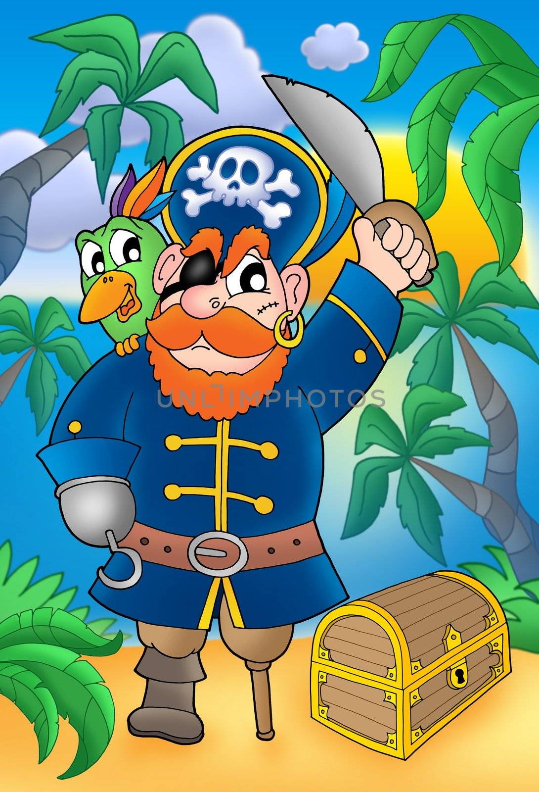 Pirate with parrot and treasure chest - color illustration.