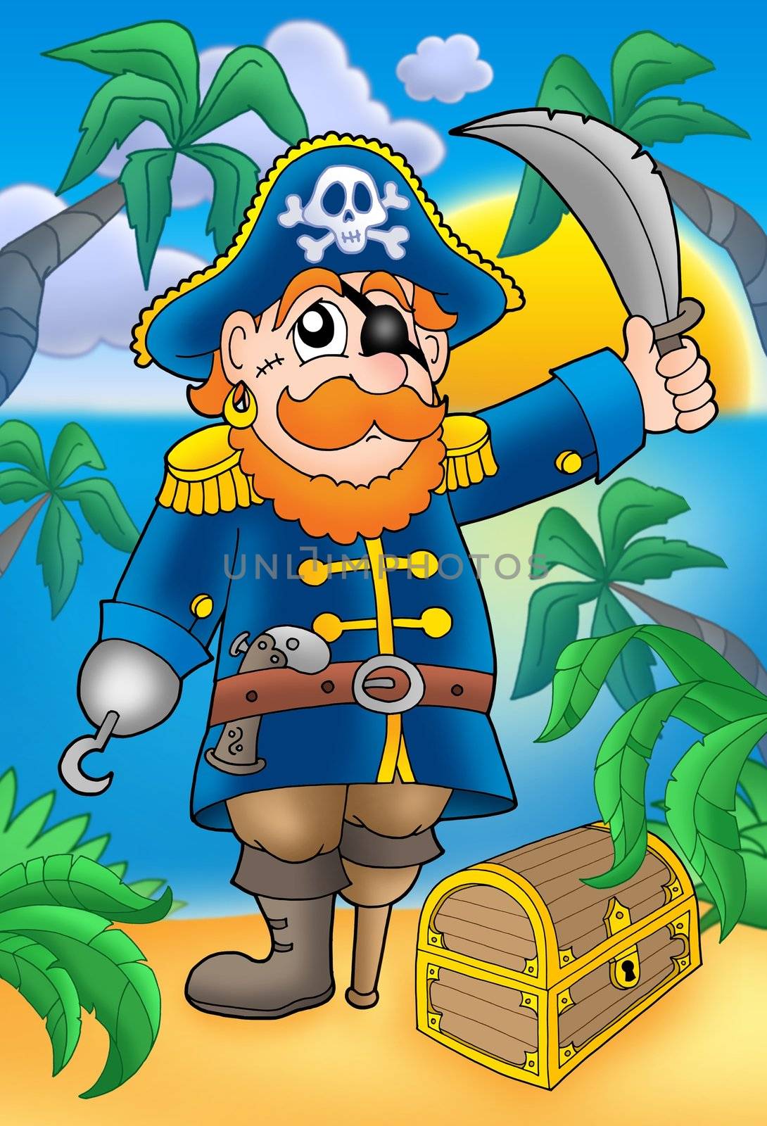 Pirate with sabre and treasure chest - color illustration.