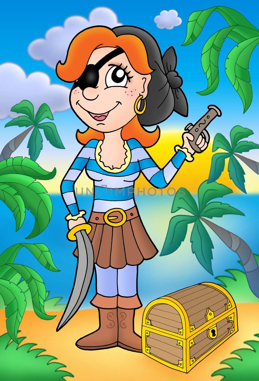 Pirate woman with pistol and treasure chest - color illustration.