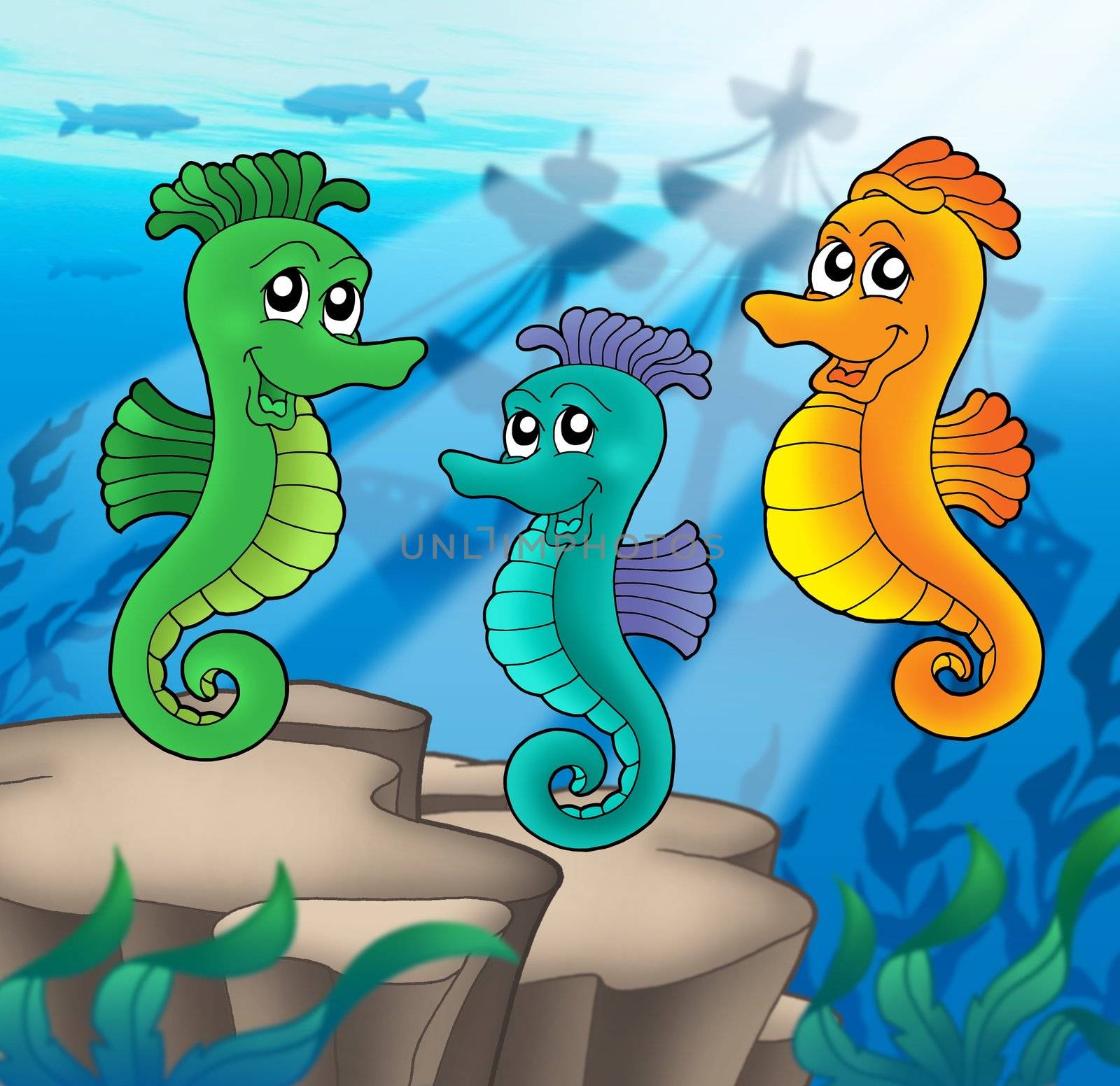 Sea horses family with shipwreck - color illustration.