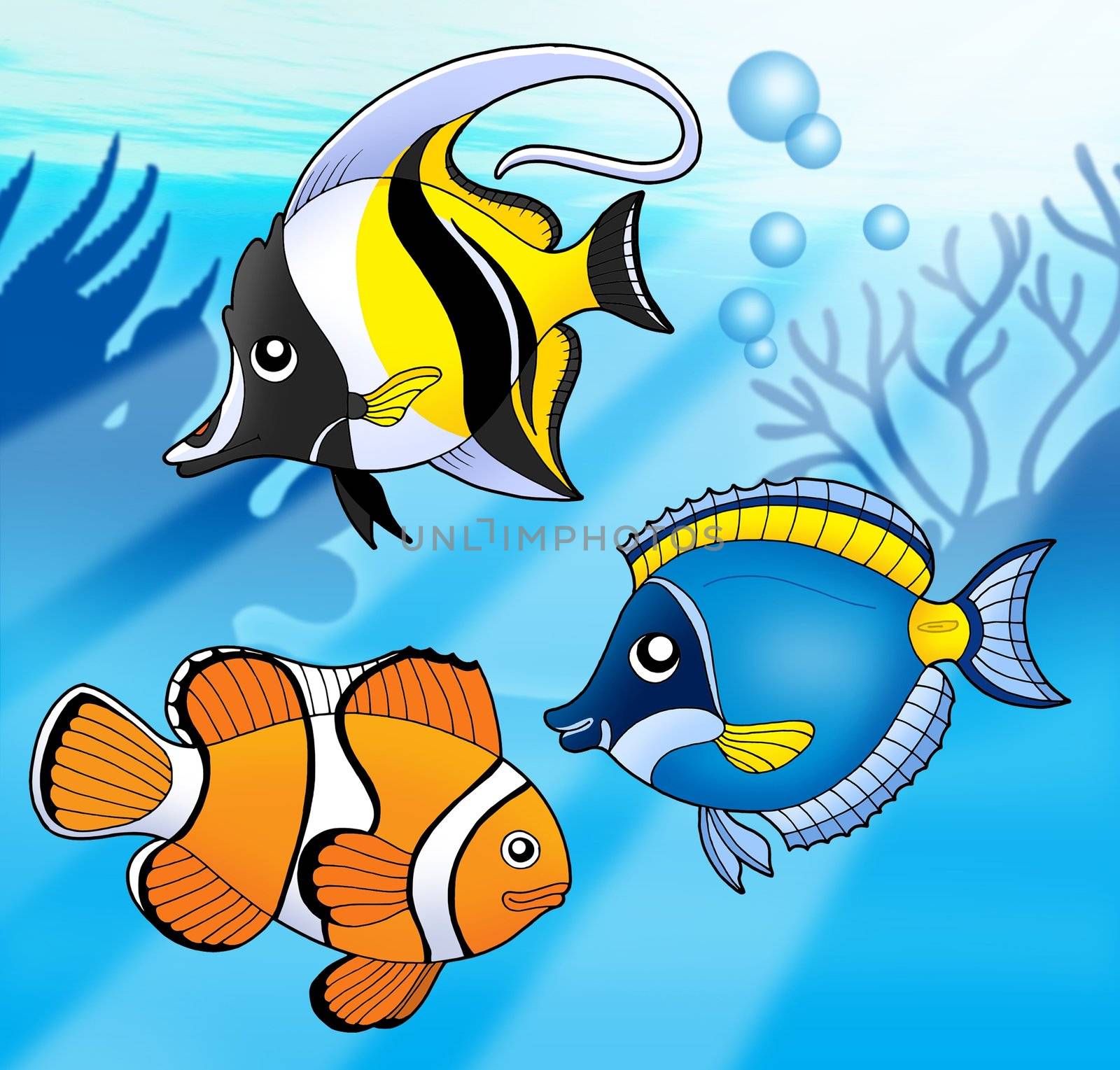 Coral fish collection in blue sea - color illustration.