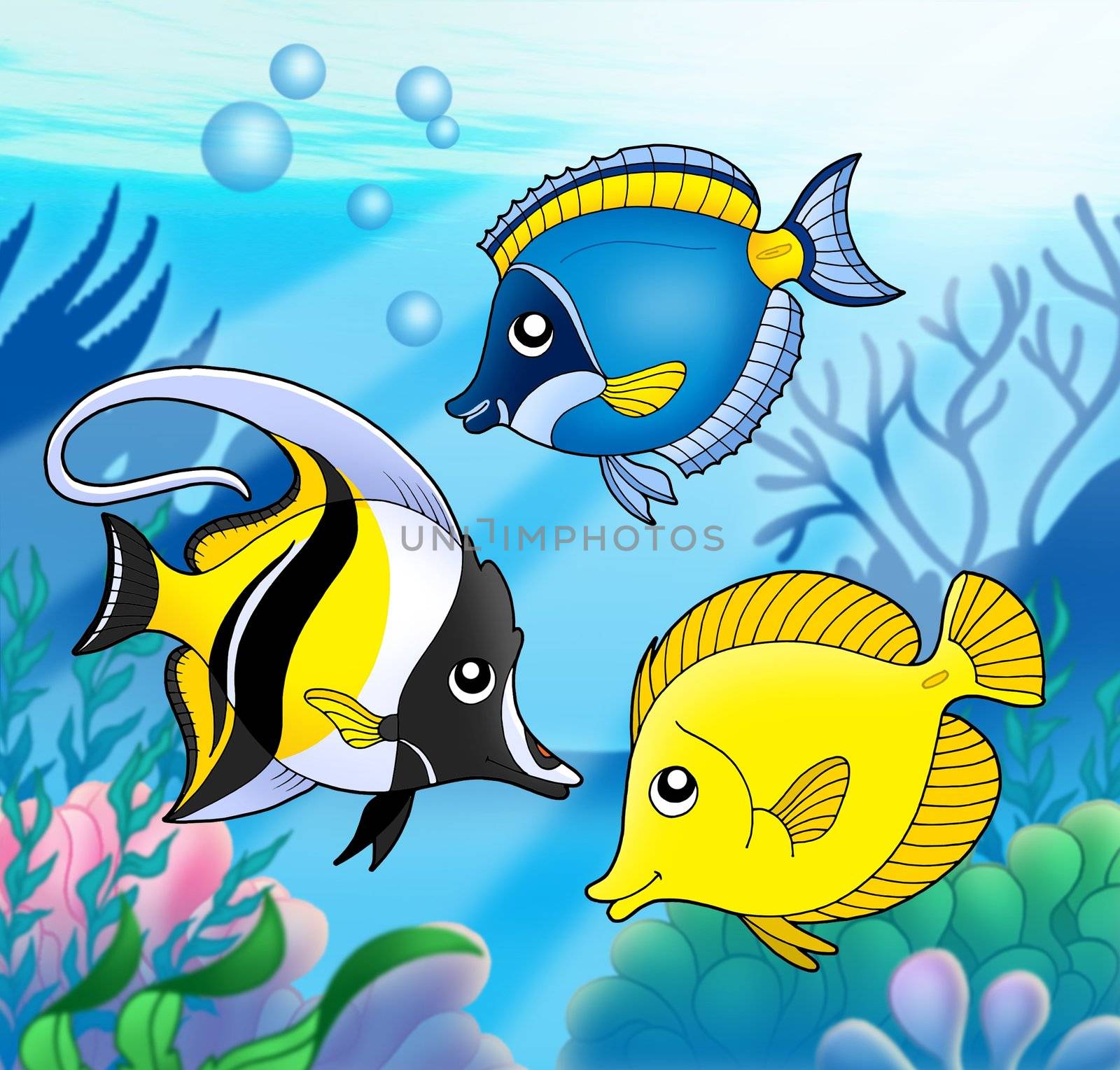 Coral fish collection in sea - color illustration.