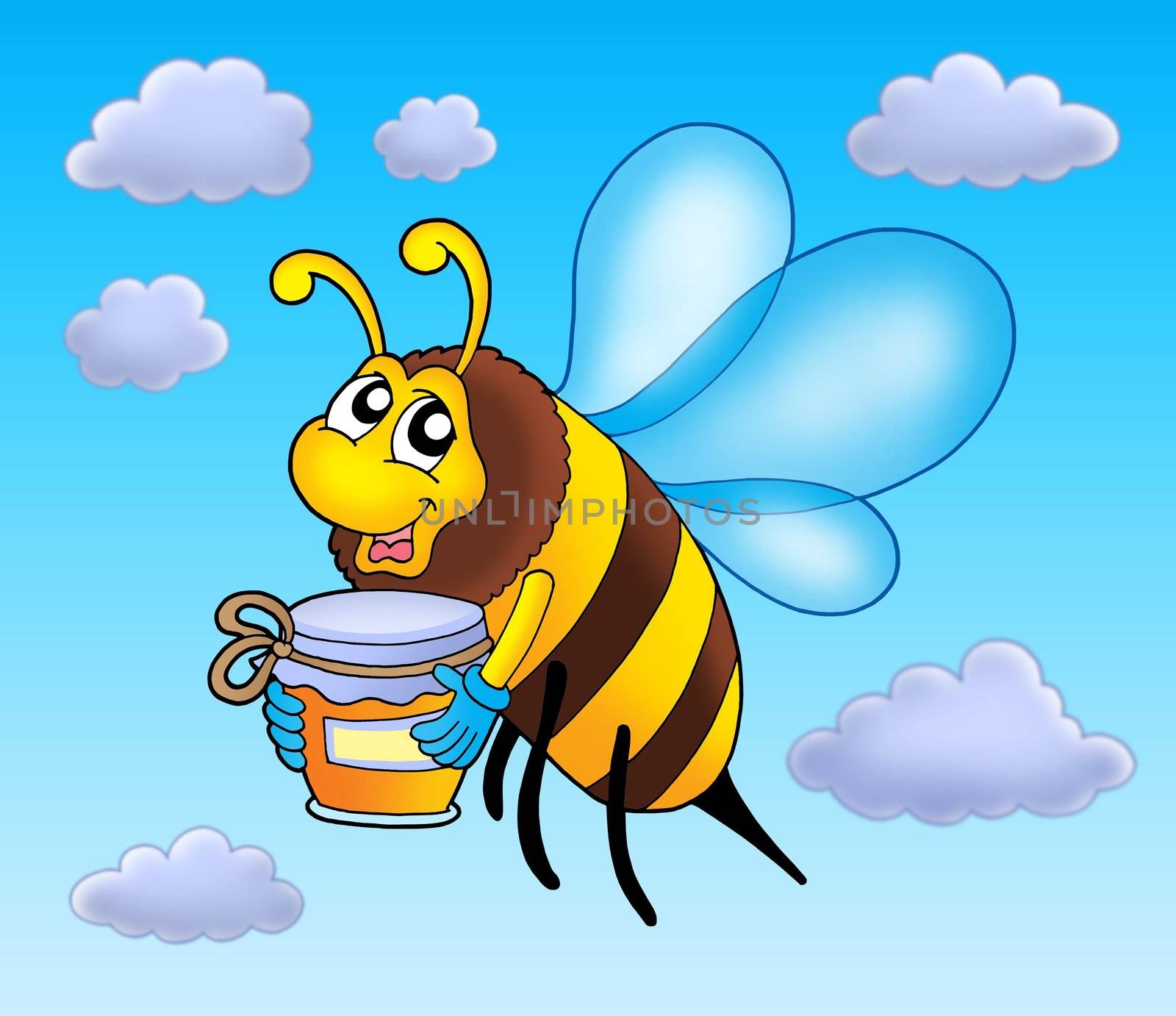 Flying bee holding honey - color illustration.