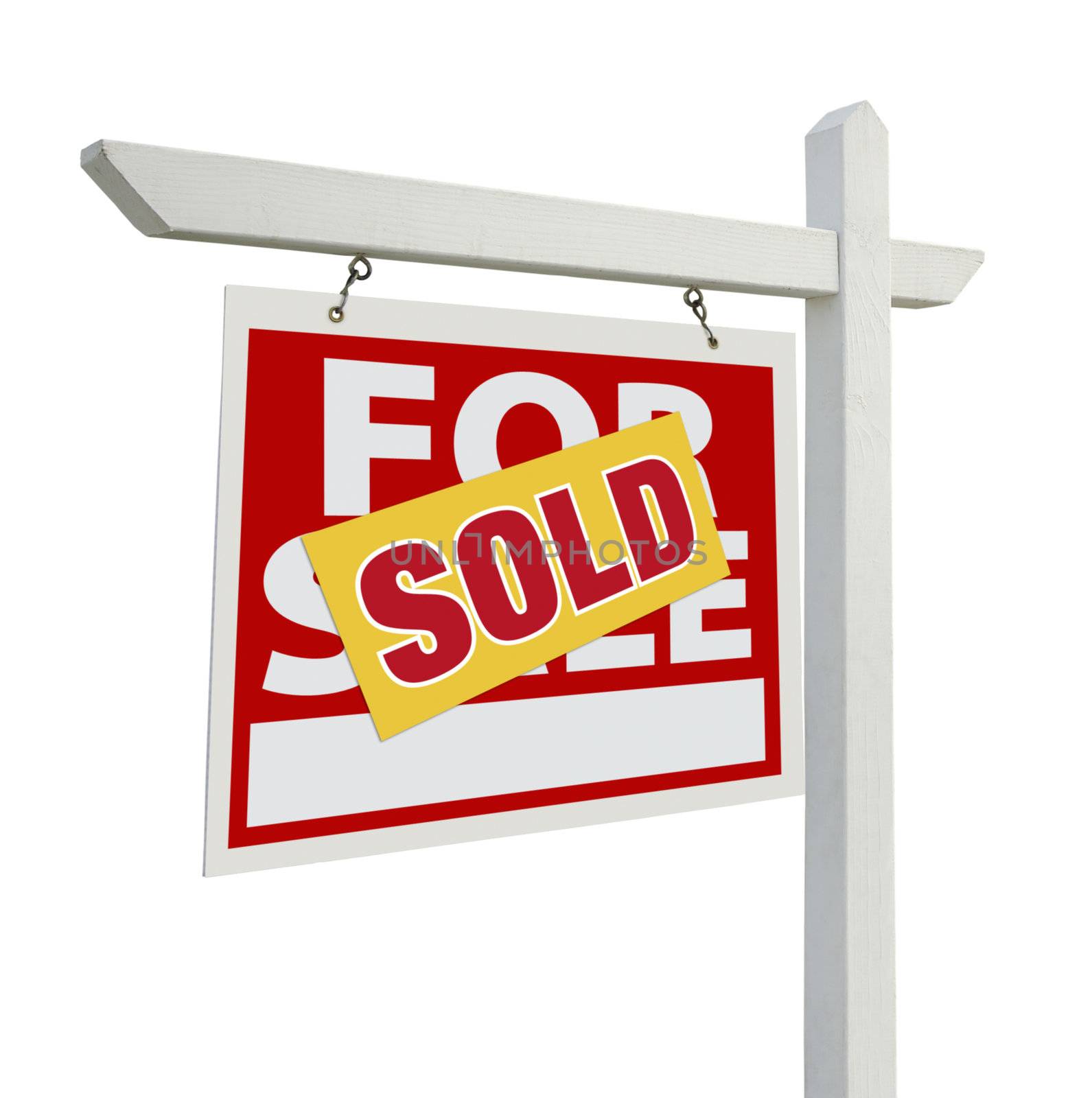 Sold Home For Sale Real Estate Sign Isolated on a White Background.