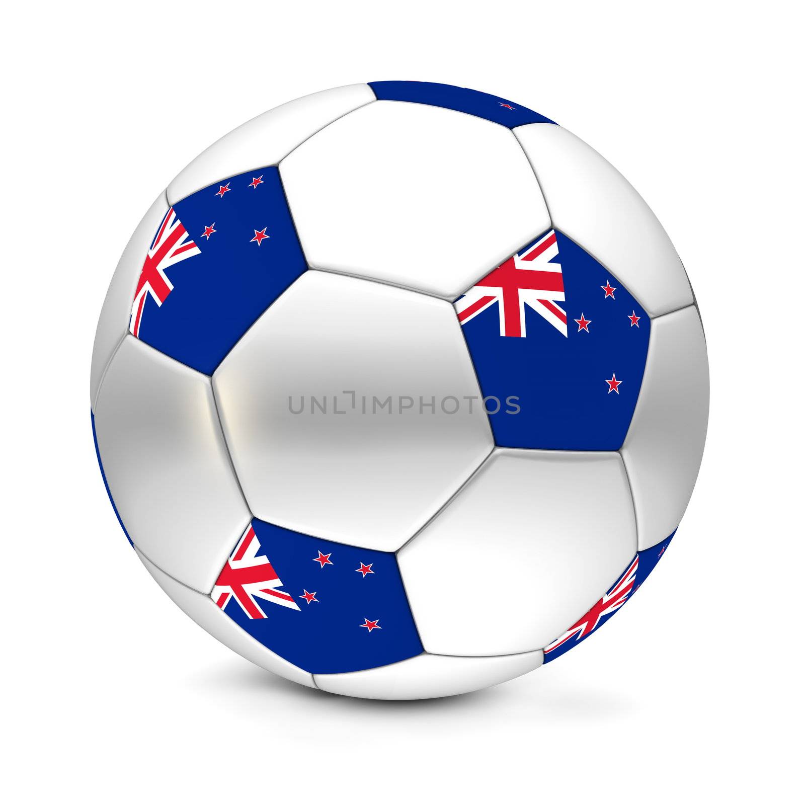 shiny football/soccer ball with the flag of New Zealand on the pentagons