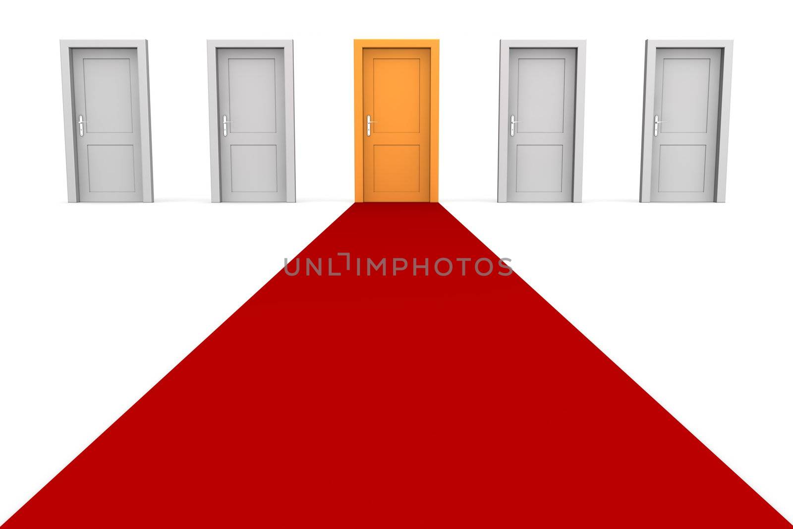 line of five doors, one orange door in the middle - red carpet to the orange door