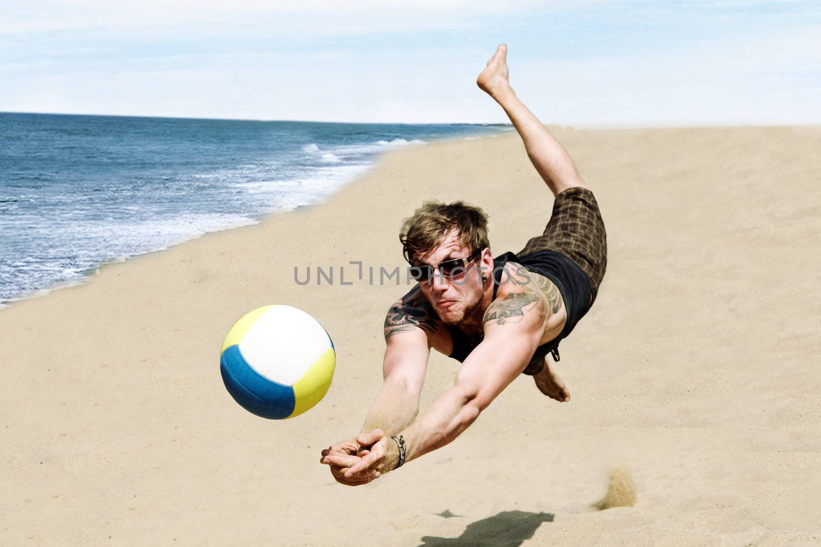 Poto Of A Young Man In A Dynamic Jump Hitting A Volley Ball