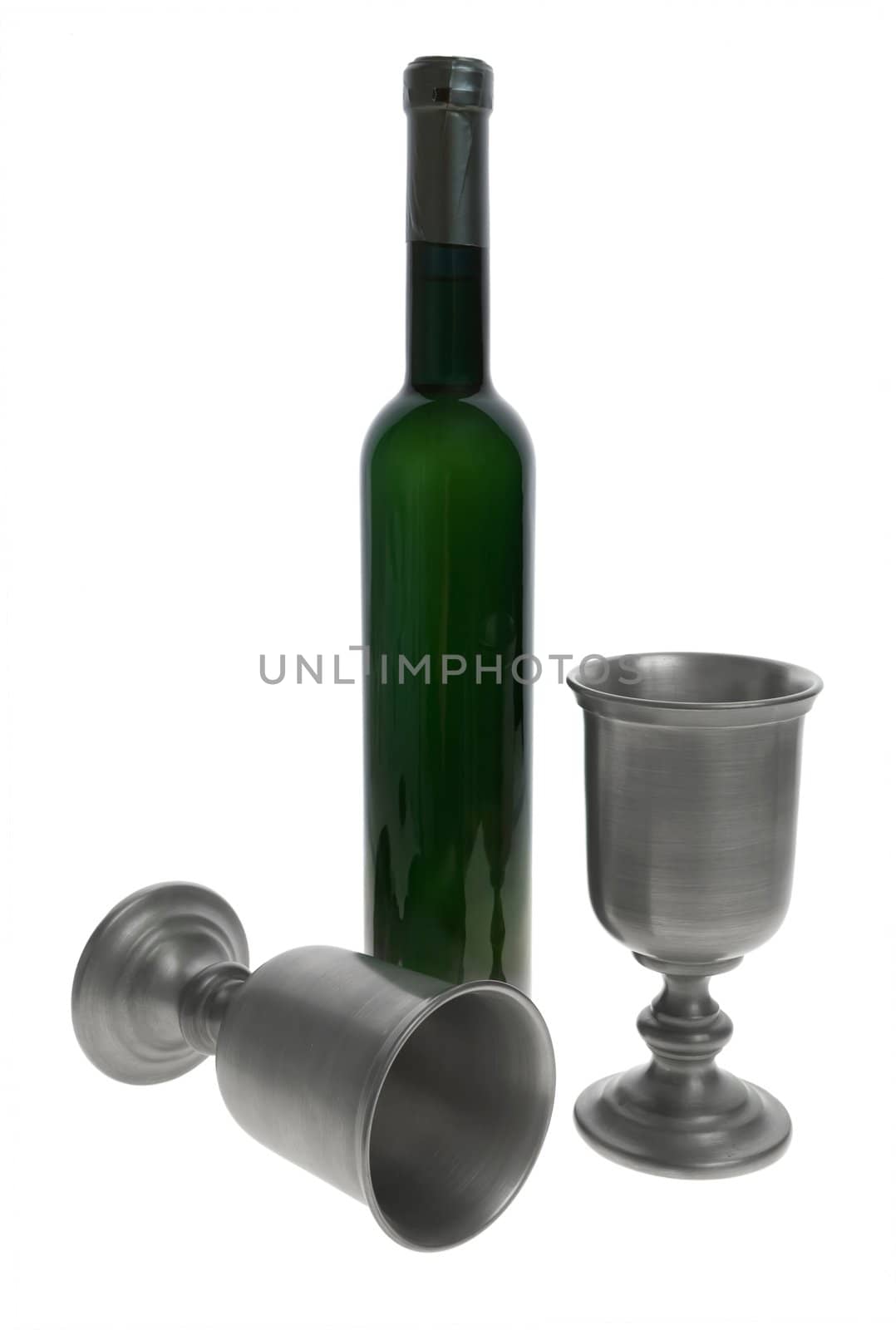Silver wine goblets and bottle
