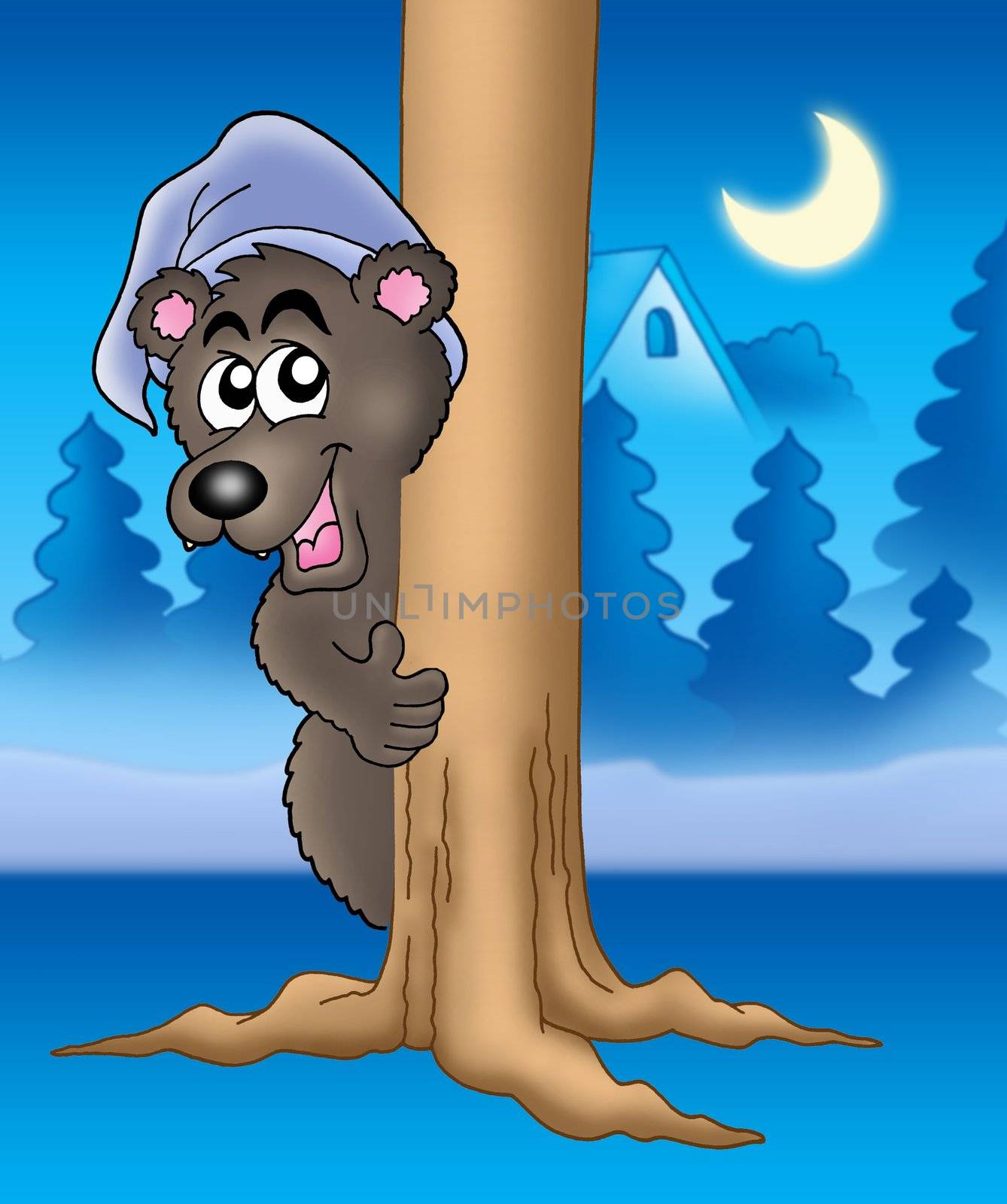 Color illustration of bear in night cap.