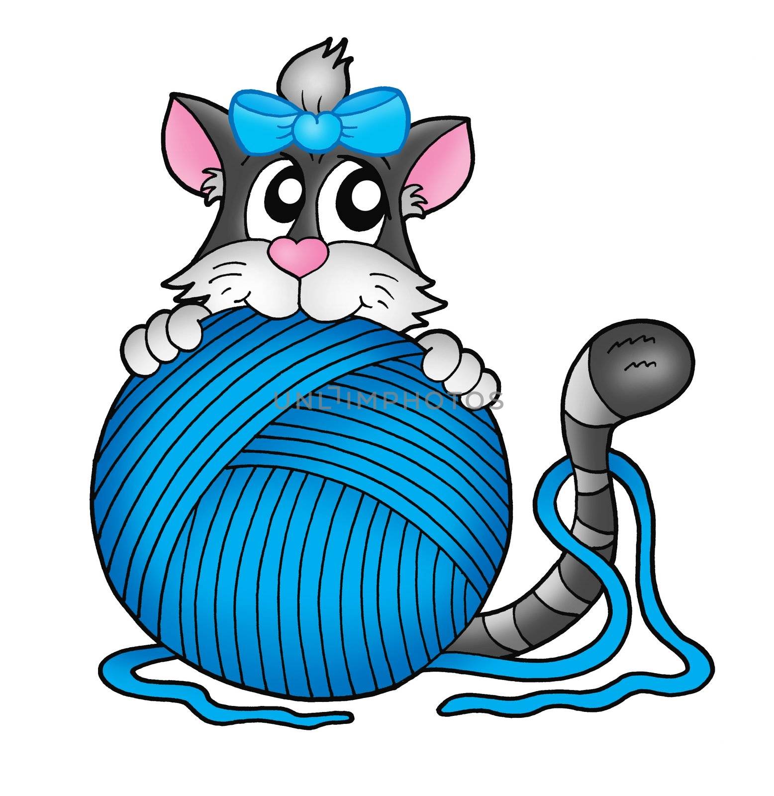 Gray cat with blue skein - color illustration.