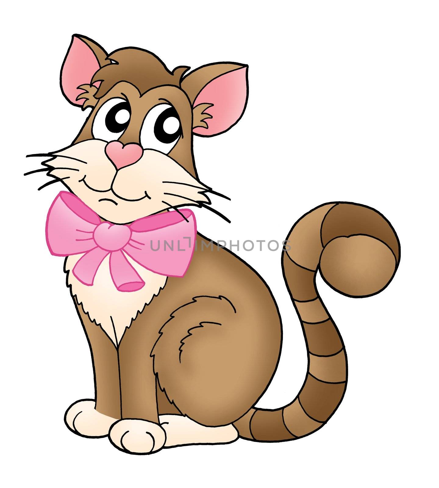 Color illustration of brown cat with pink ribbon.