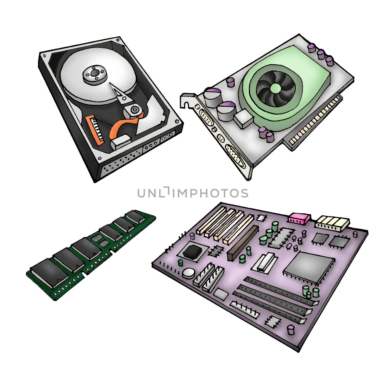 Color illustration of computer parts - harddrive, graphics card, memory module, motherboard.