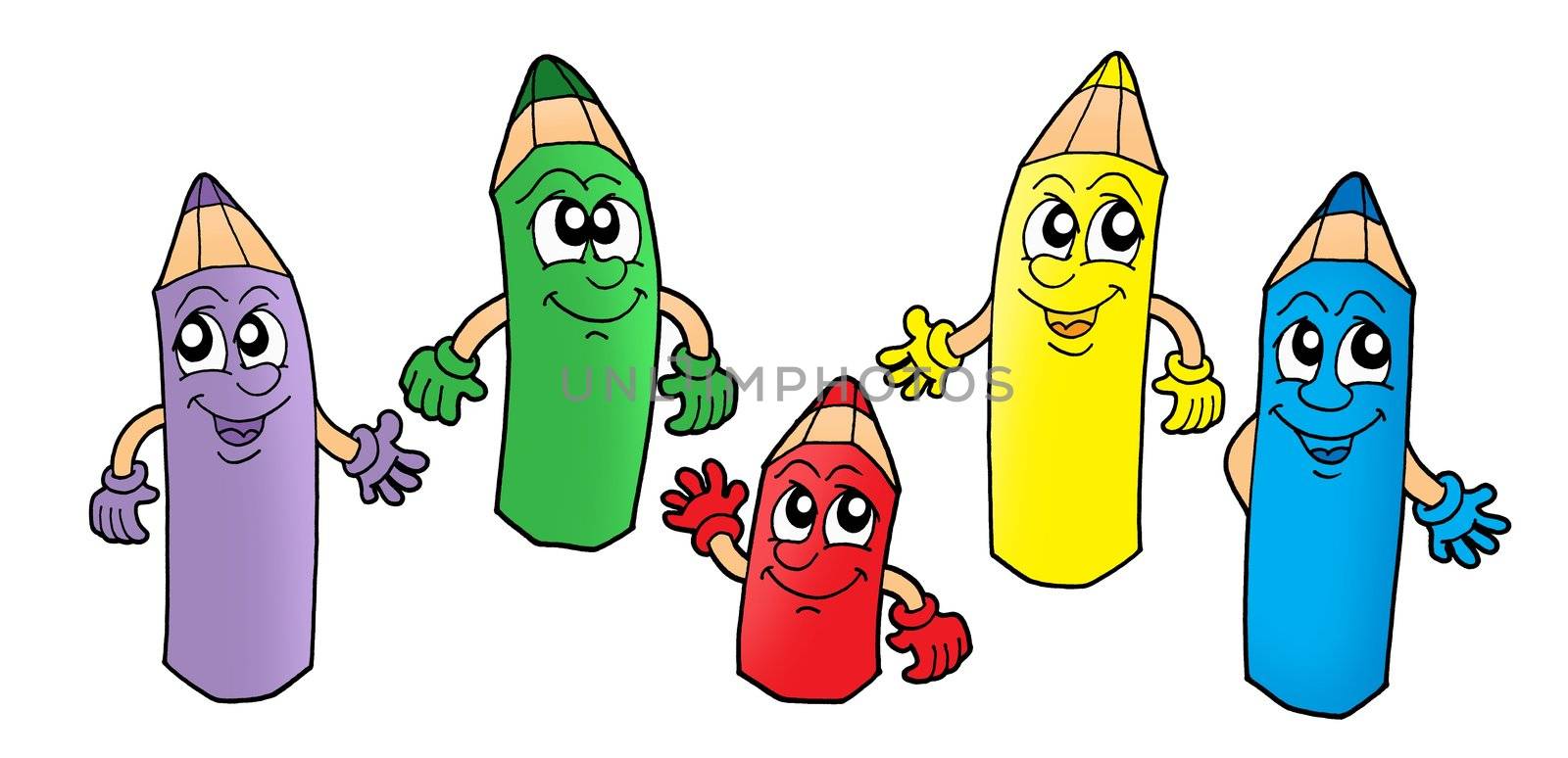 Color illustration of five color crayons.