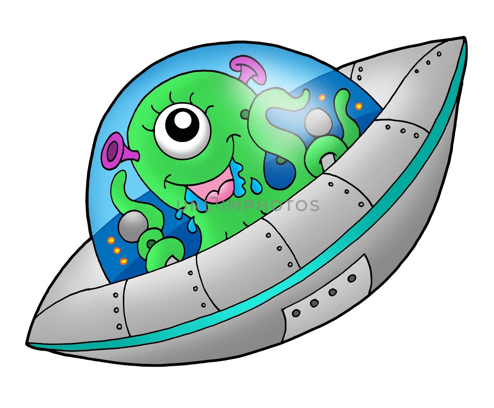 Cute alien in spaceship - color illustration.