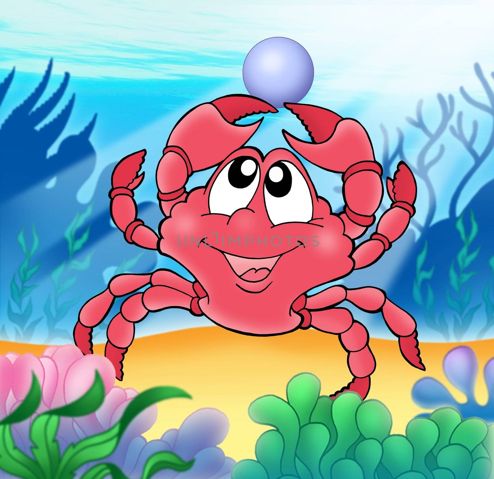 Cute crab with pearl - color illustration.