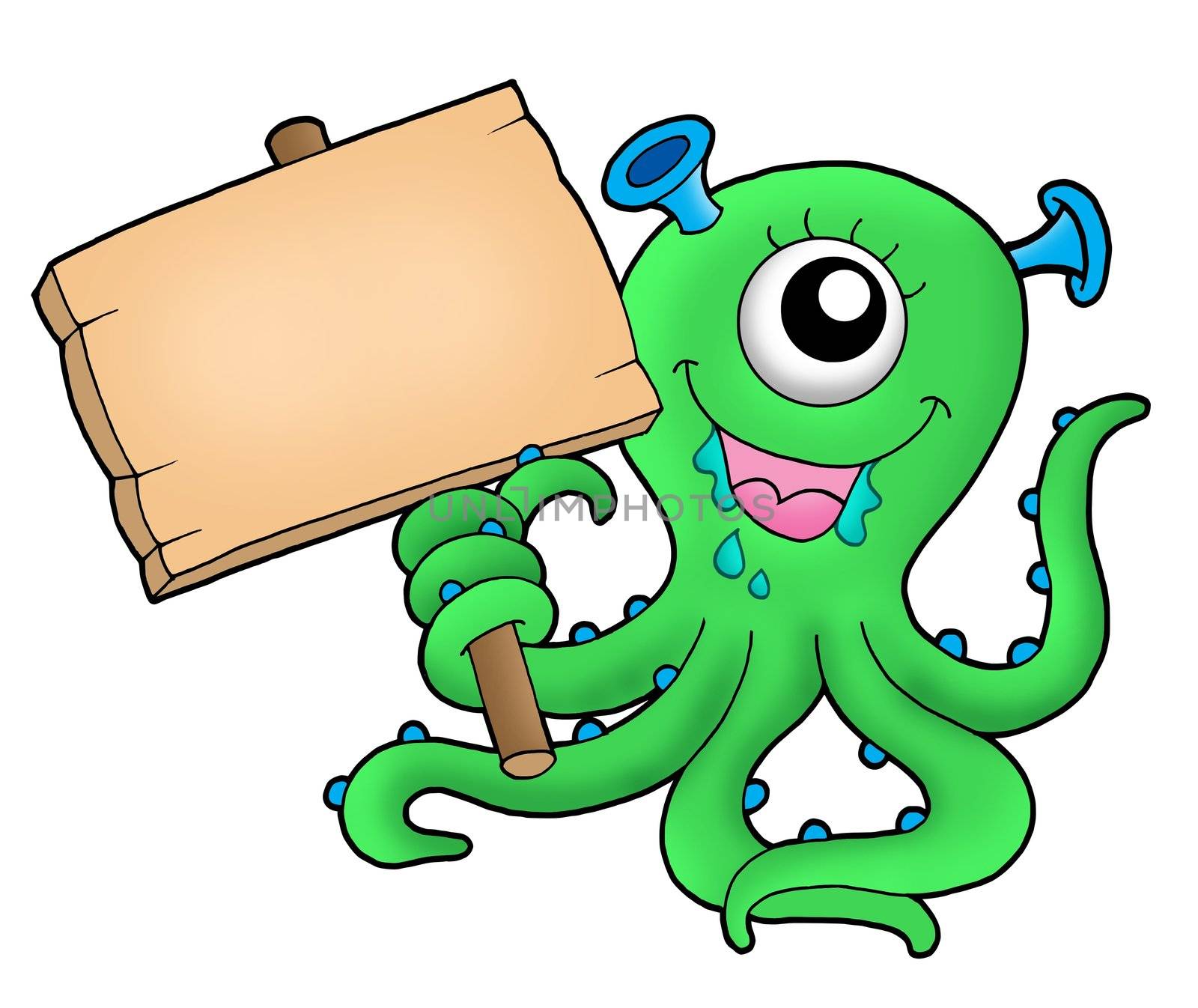 Cute monster with wooden sign - color illustration.