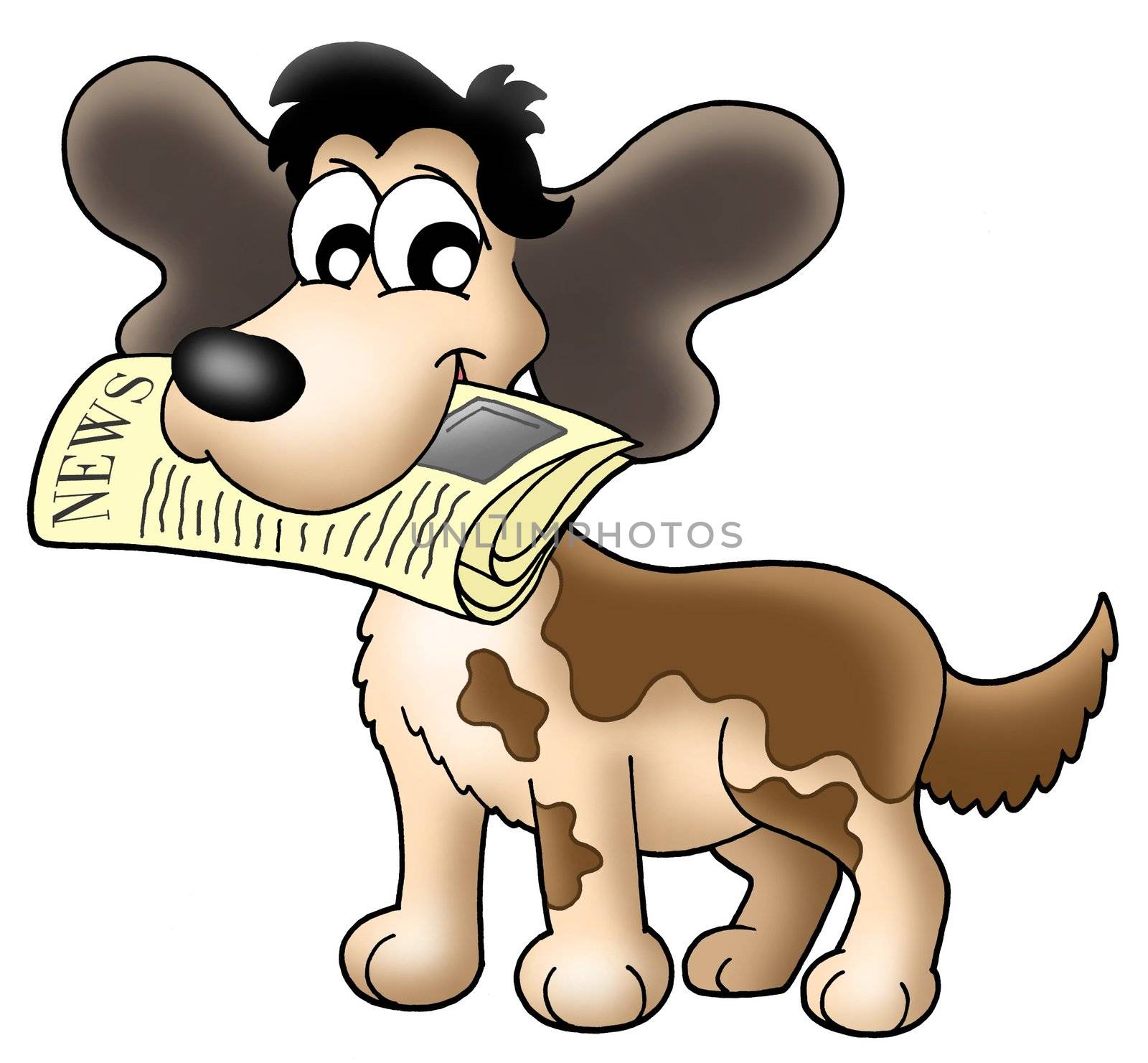 Color illustration of dog with newspaper.