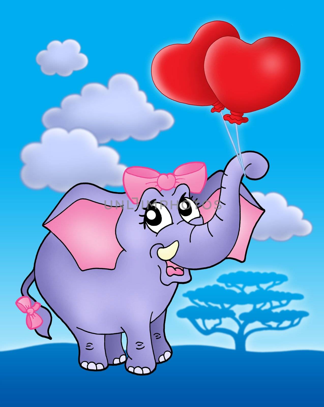 Color illustration of elephant girl with heart balloons on blue sky.