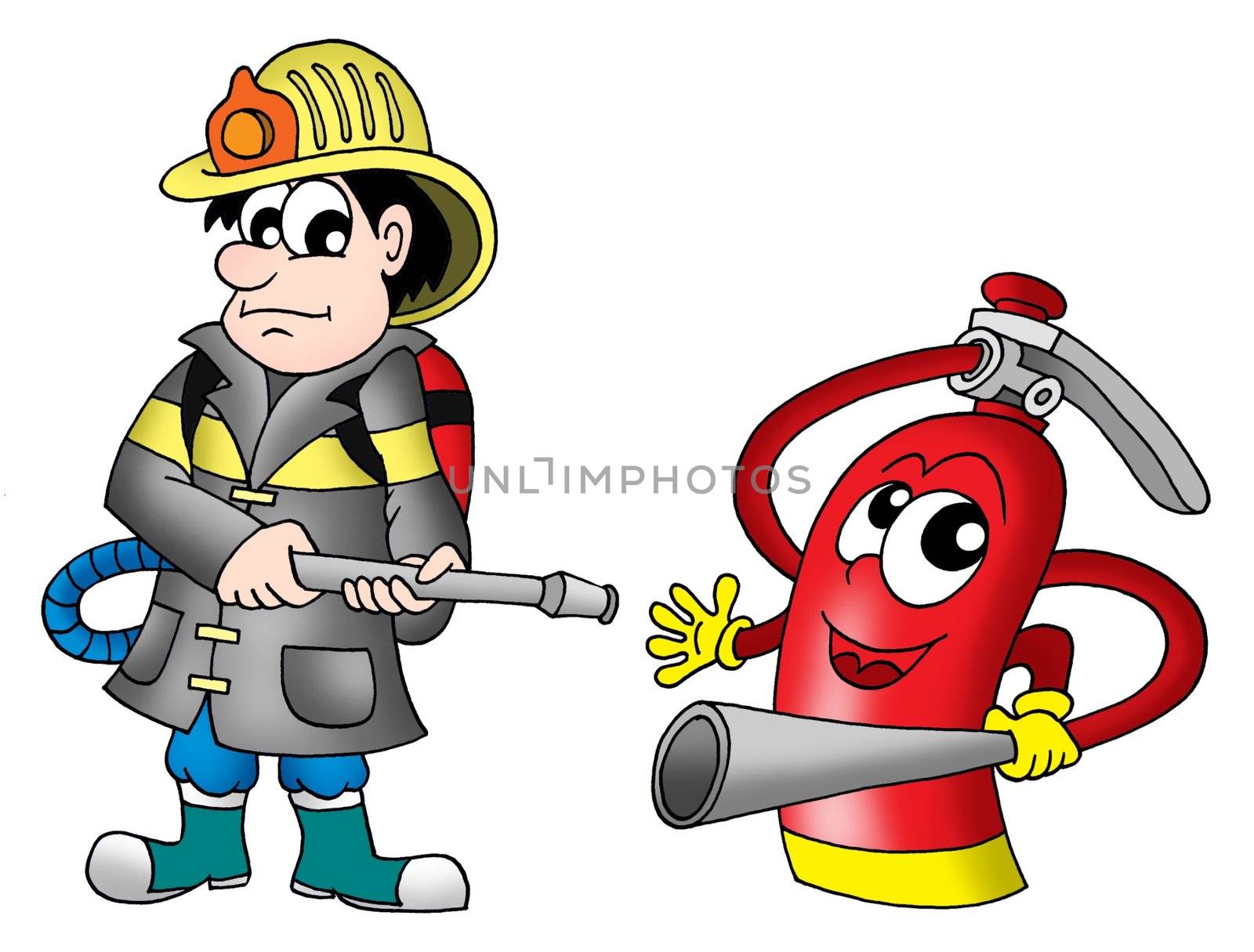 Fireman and fire extinguisher - color illustration.