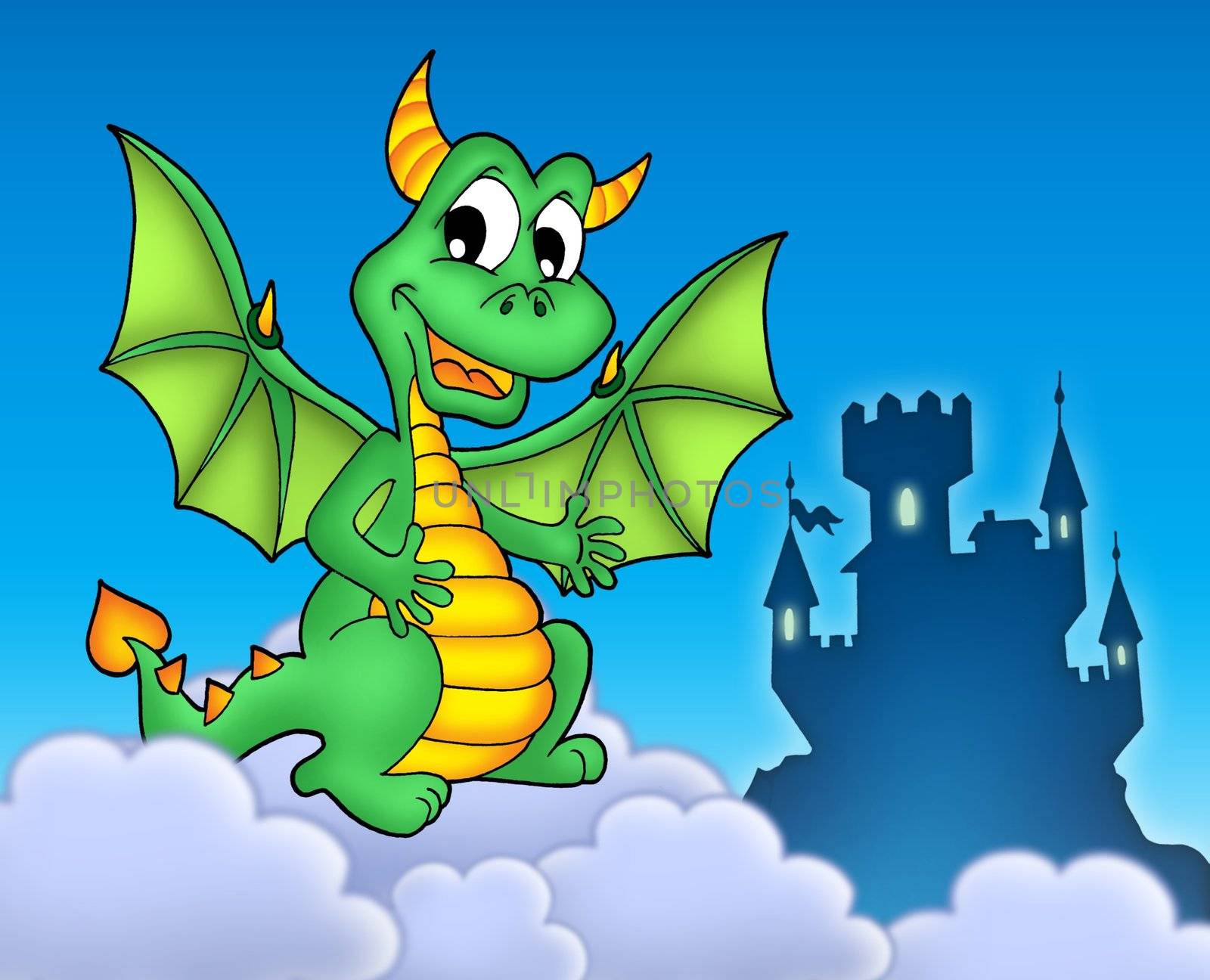 Green dragon with castle - color illustration.