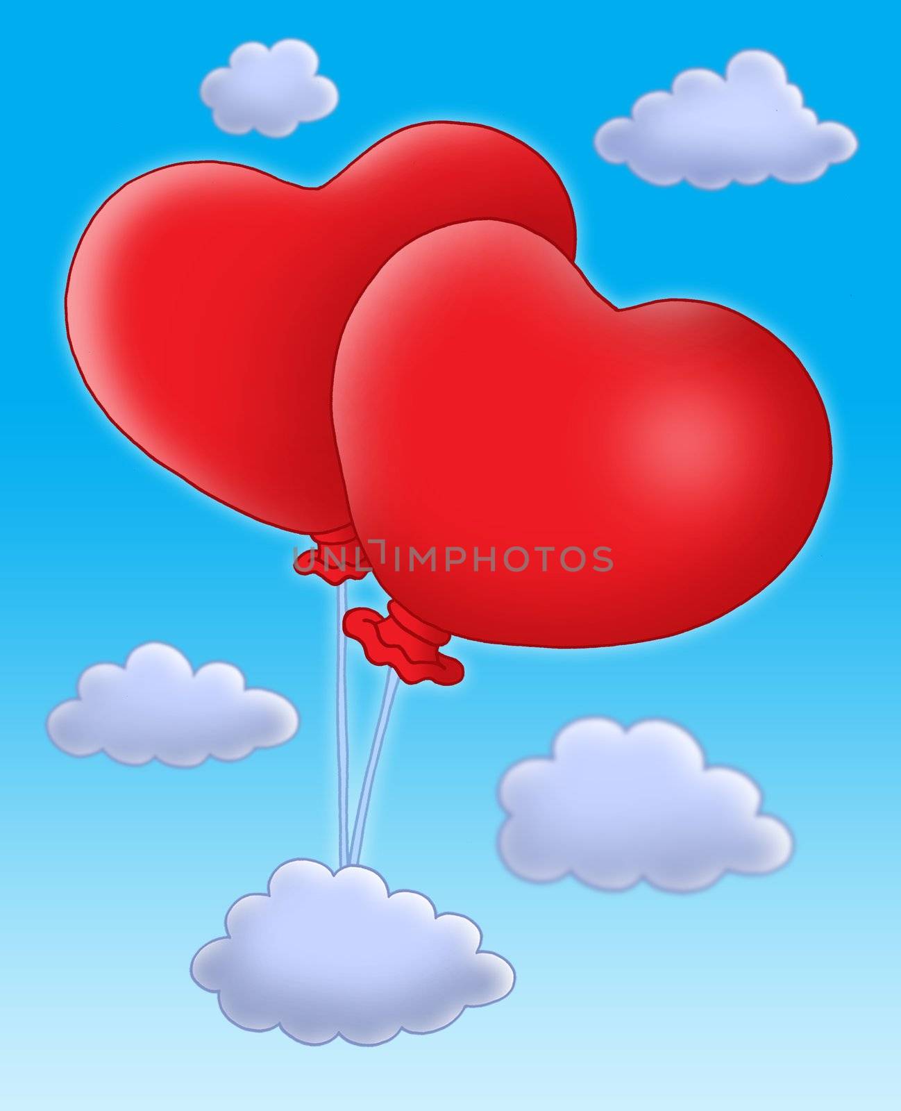 Color illustration of two ballons-hearts on blue sky.