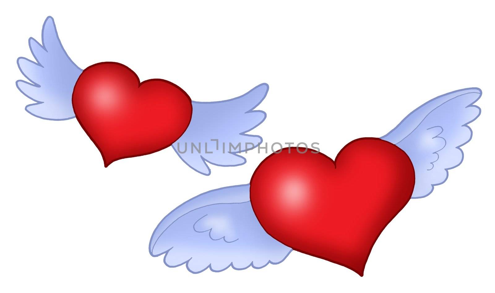 Red hearts with blue wings - color illustration.