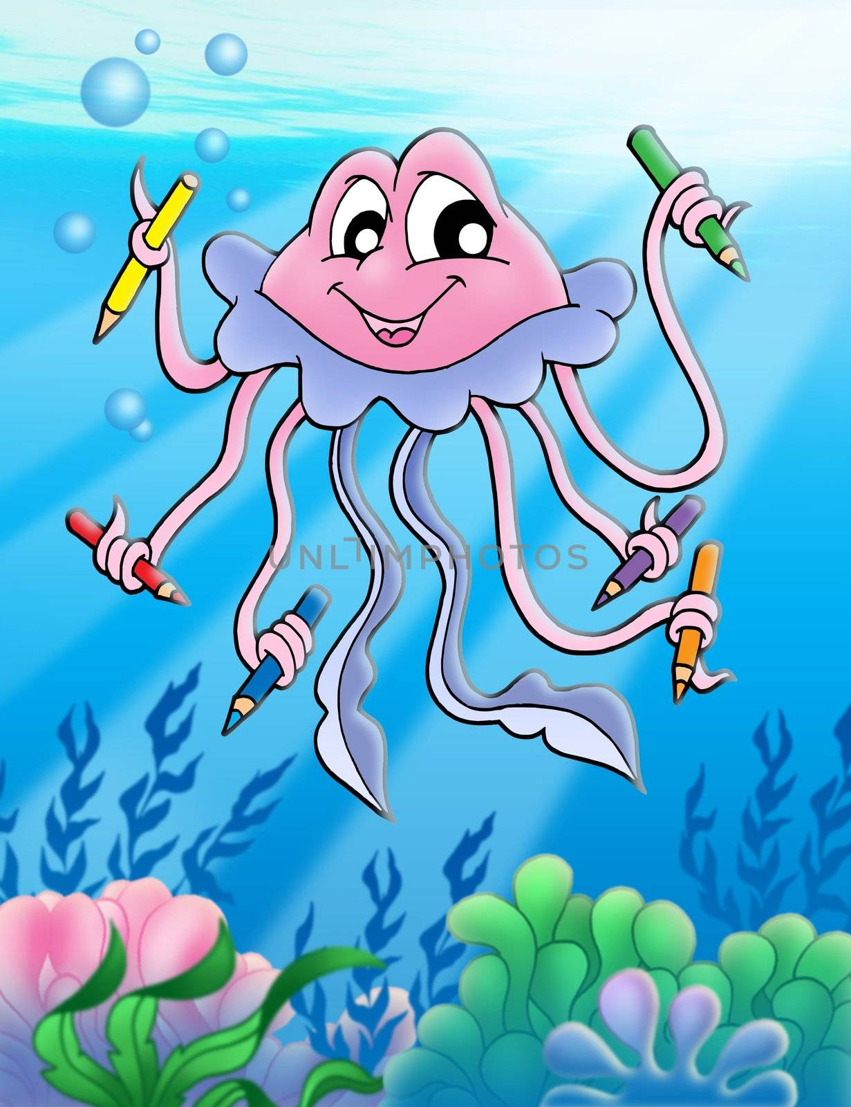 Jellyfish with crayons and bubbles - color illustration.