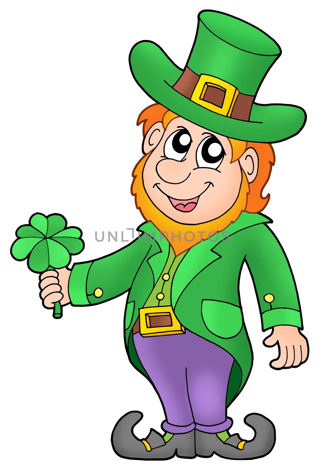 Leprechaun with four leaves clover - color illustration.