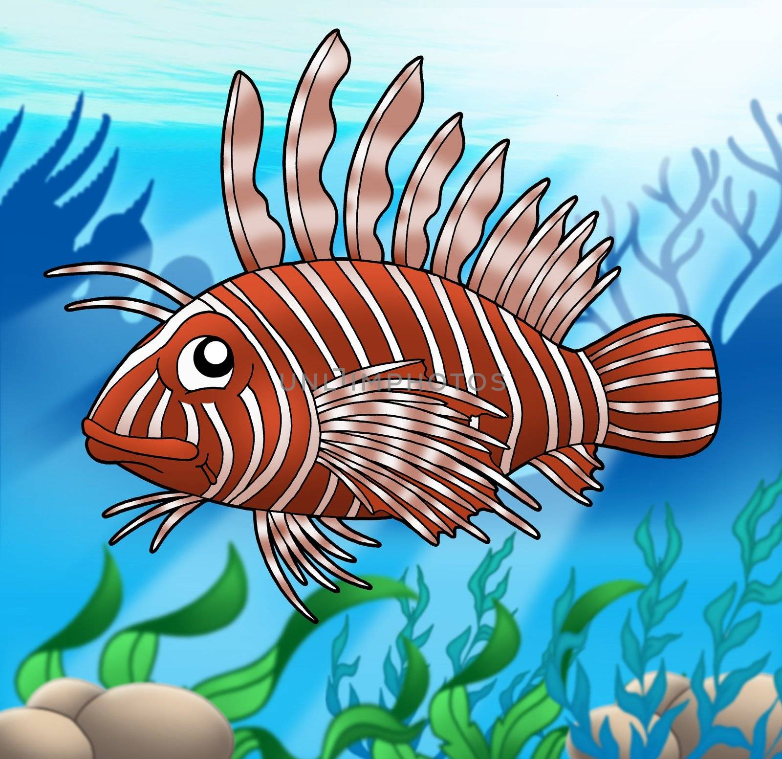 Lion fish in sea - color illustration.