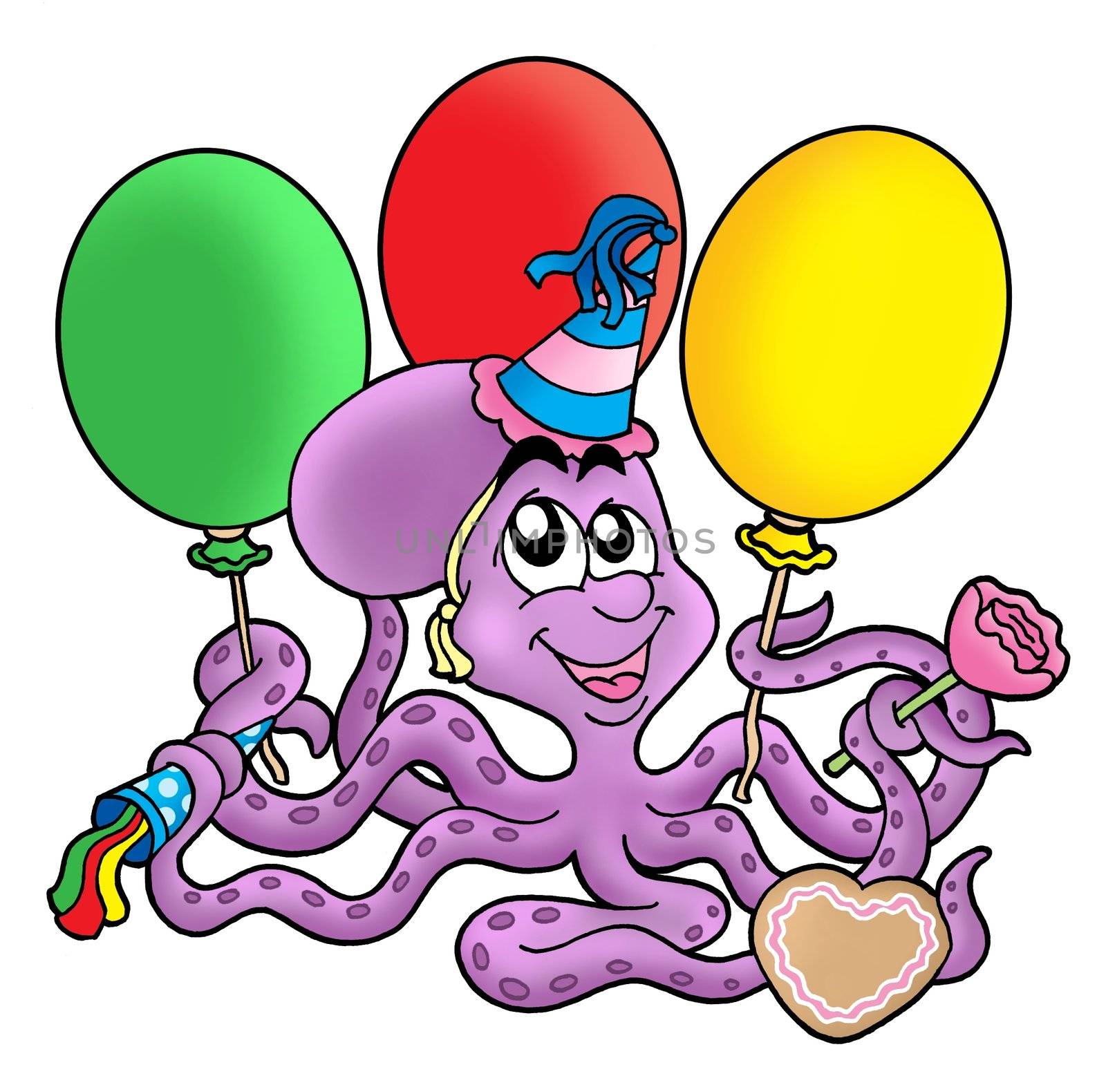 Color illustration of octupus with ballons.