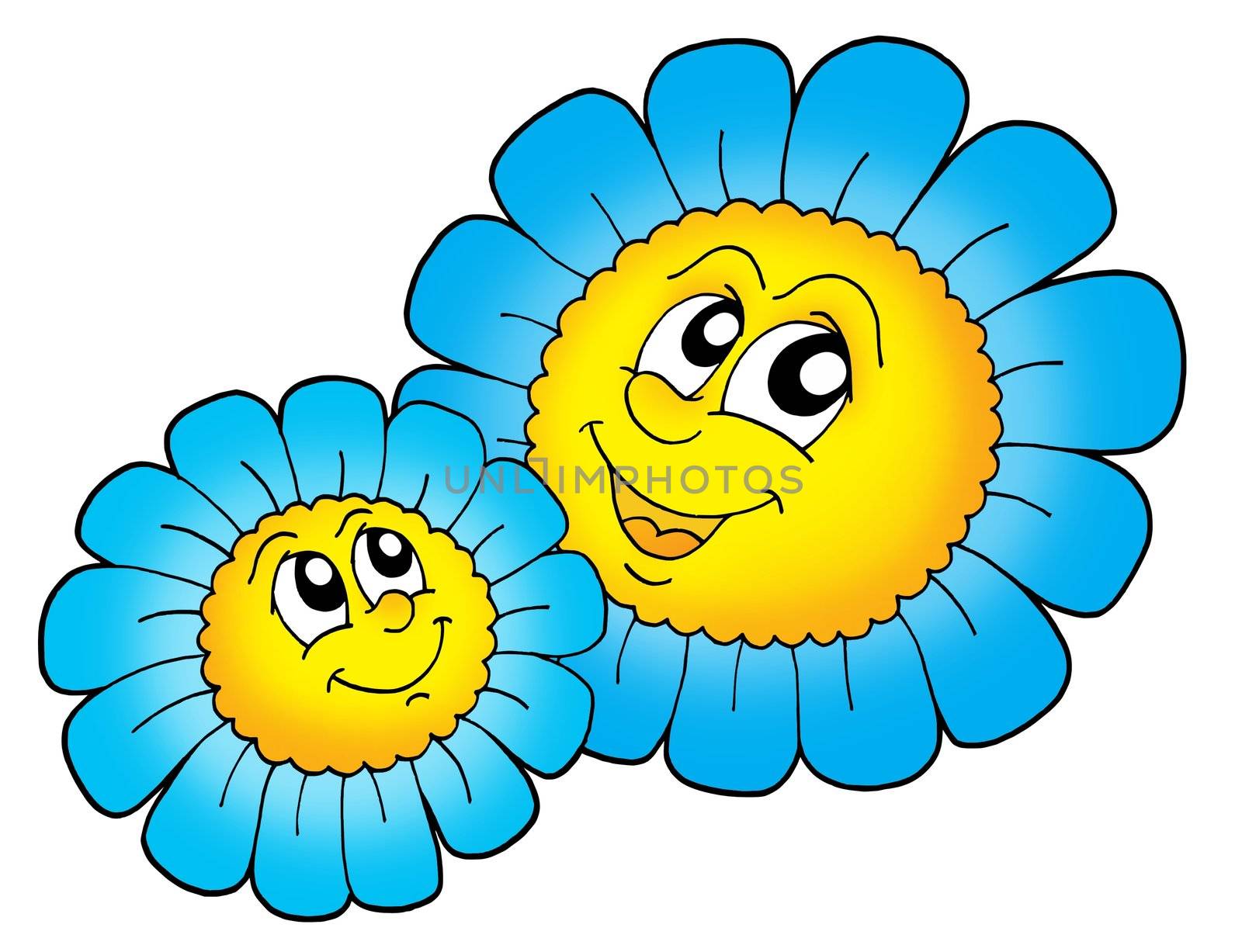 Pair of smiling blue flowers - color illustration.