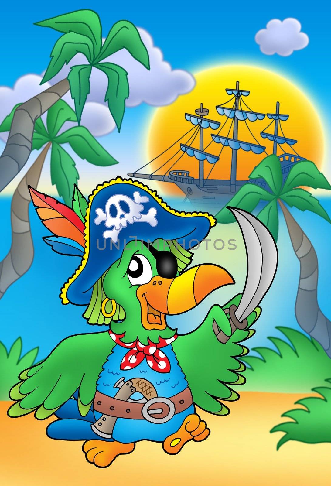 Pirate parrot with boat - color illustration.