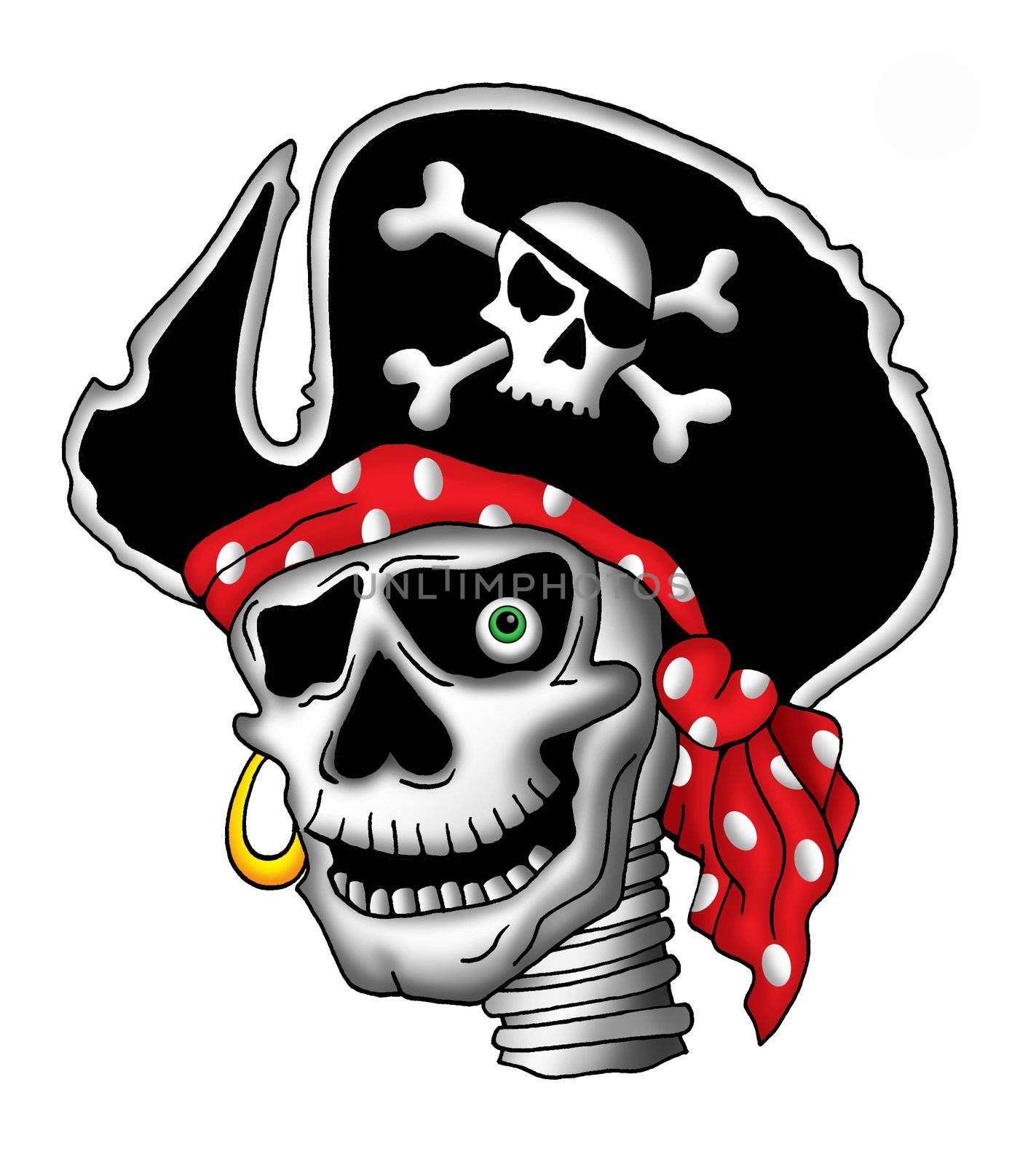 Color illustration of pirate skull in hat.