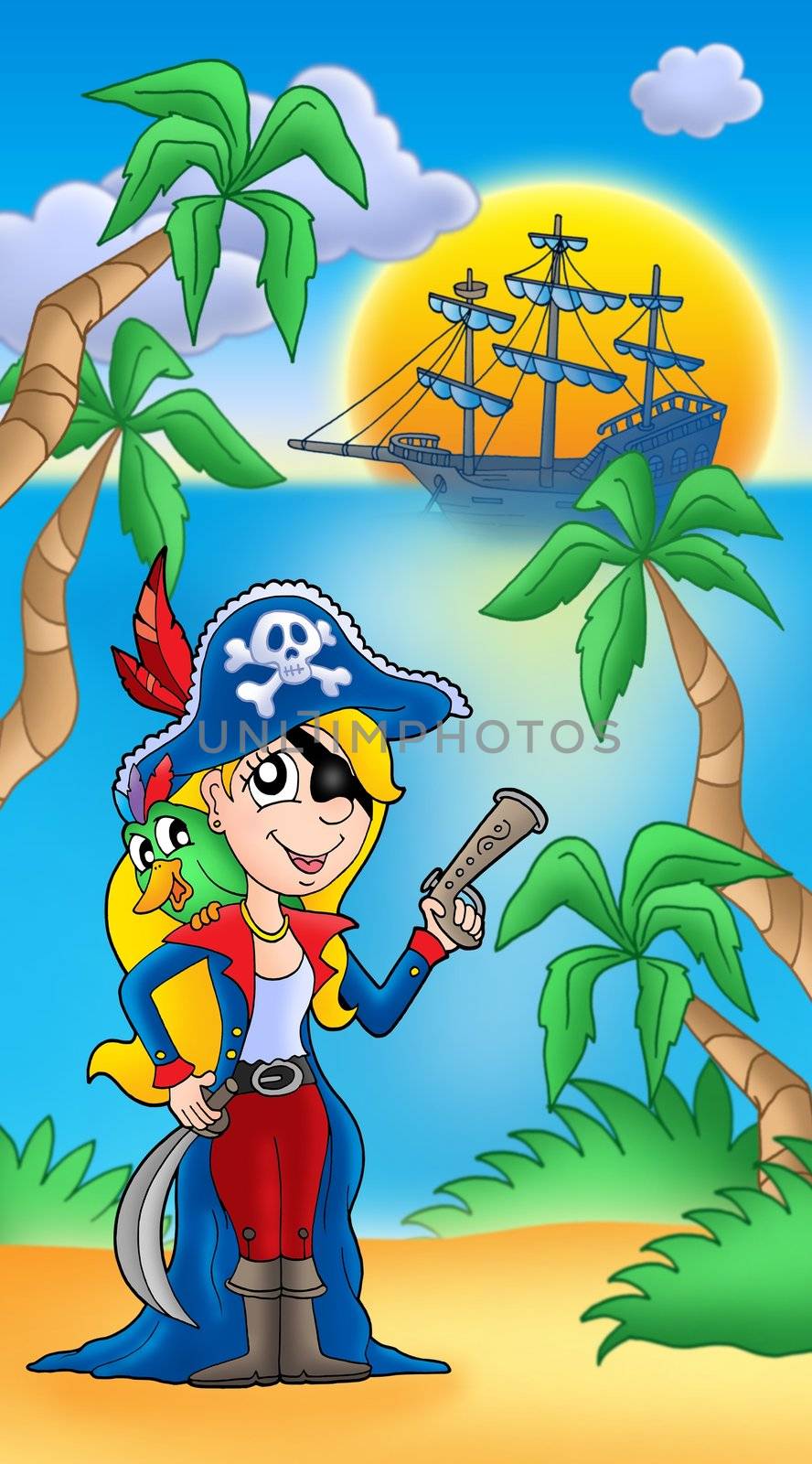 Pirate woman with parrot and boat - color illustration.