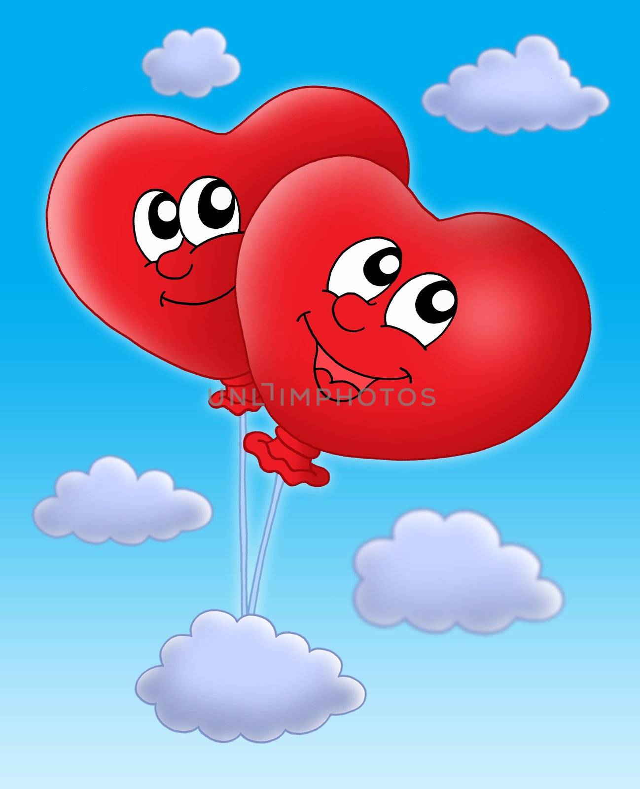 Smilling hearts balloons on blue sky by clairev