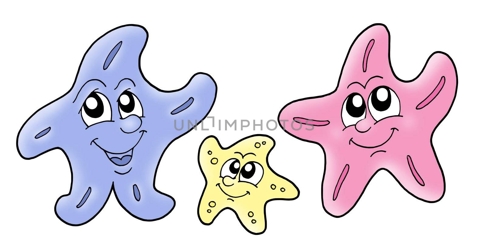 Starfish family - color illustration, blue, yellow, red.