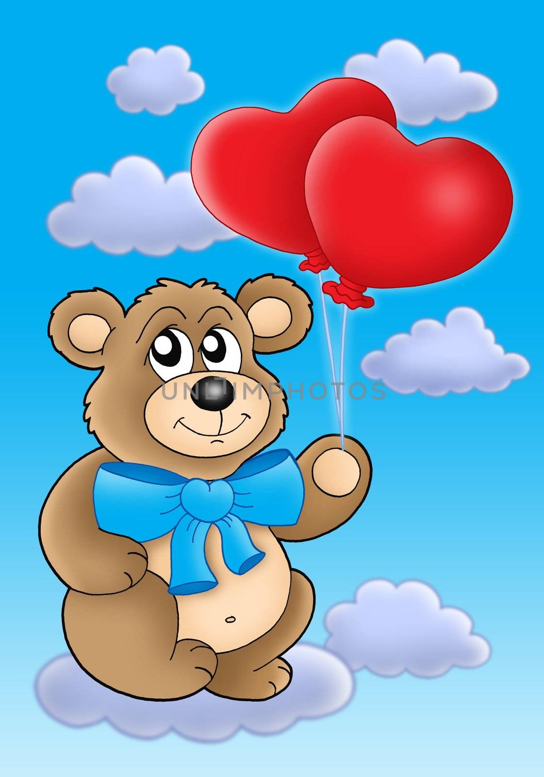 Teddy bear with heart balloons on blue sky by clairev