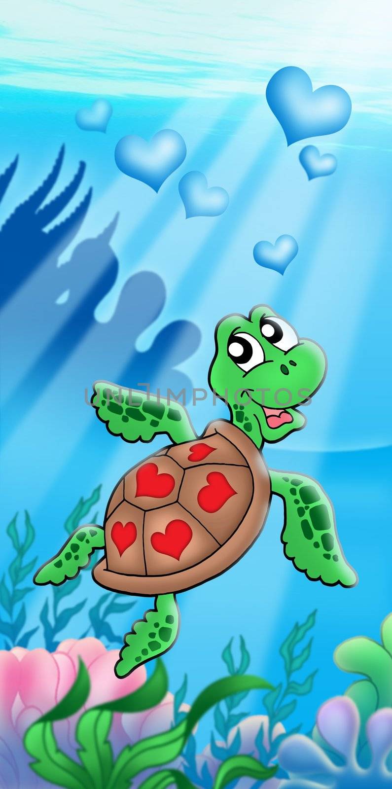 Sea turtle with hearts - color illustration.