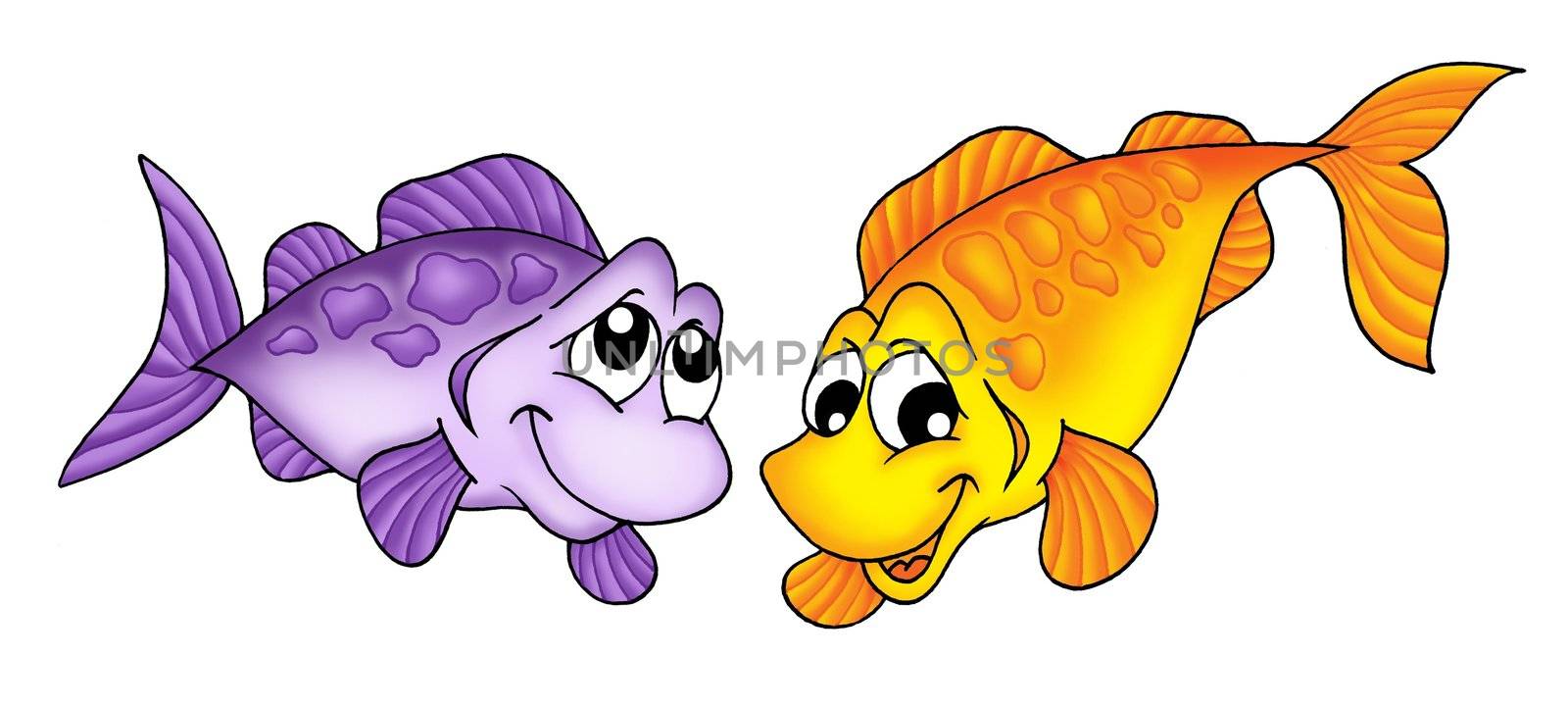 Color illustration of yellow and purple fish.